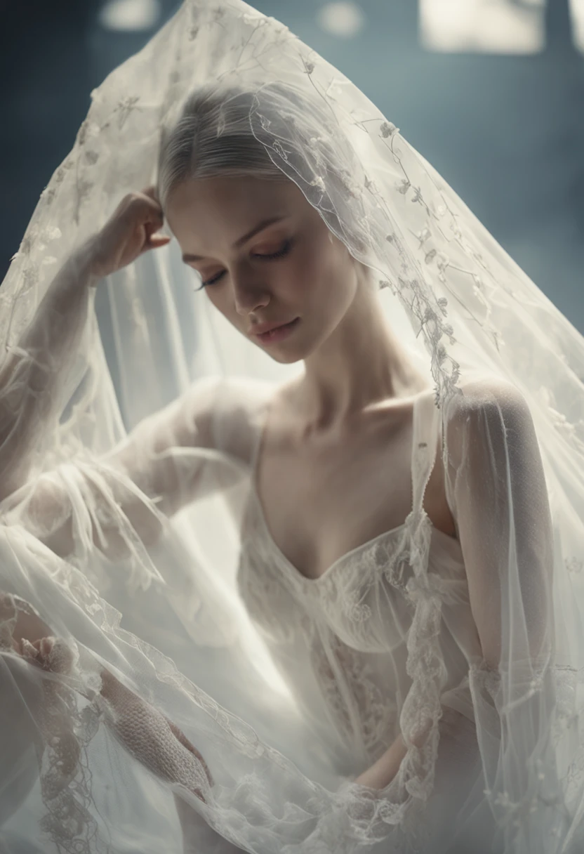 There is a woman in a white dress and veil posing with glasses for a photo, pale milky white porcelain skin, Guviz, Translucent white skin, Smooth translucent white skin, White bra, light yarn, White lace, Milky white skin, ((Mist)), Lingerie, (Ethereal), Very ethereal, pale snow-white skin, White veil, chest plate ) ) ), soft outline，Dew 1/2 chests，aesthetic cute with flutter