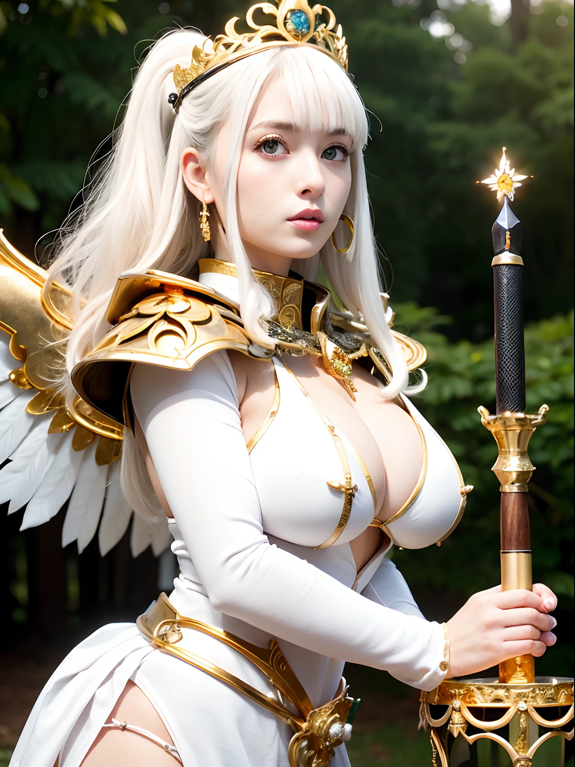 (masutepiece), Professional , masterpiece、top-quality、photos realistic , depth of fields (Gemstone White Metal Body:1.9),(Matte White、Jewel Gold Weapon(Jewel Metal Body:1.4),Gorgeous metal weapons ,(( Detailed and gorgeous sword of the brave)) , Beautiful knife ,warhammer 40k , adepta sororitas,Detail and ornate jewel crown、((Micro Bikini Armor))、((Gangle's forest background))、Beautiful Caucasian beauty、1a person、dynamic ungle,(((Detailed and ornate diamond crown)))、Smaller head、A smile、Background inside the castle、Thin and beautiful female hands、cleavage of the breast、Soldier in iron armor on background、Mystical expression、Light Effects、intense fighting、Wind-effect、magic circles、With the legendary magic wand、(wings of light)、Toostock、Toostock、