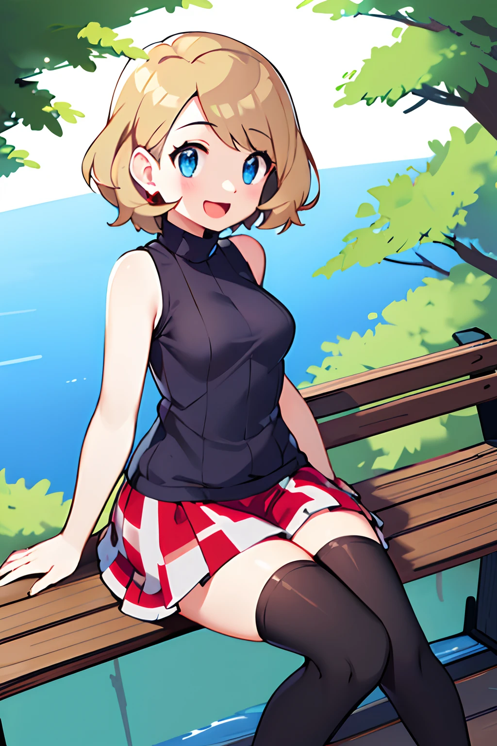 masterpiece, best quality, highres, serena \(pokemon\), short hair, blue earwear, blue eyes, 1girl, solo, sleeveless turtleneck, sweater vest, blue skirt, grey thighhighs, eyelashes, light grey sweater, light grey sweater, checkered skirt, short skirt, bangs, turtleneck sweater, sitting, side view, view from side, curvy, smiling, happy, medium breasts, teenager, lake, bench, skinny, hands on thighs, open mouth, looking at camera, jewelry, facing camera, slightly leaning forward,