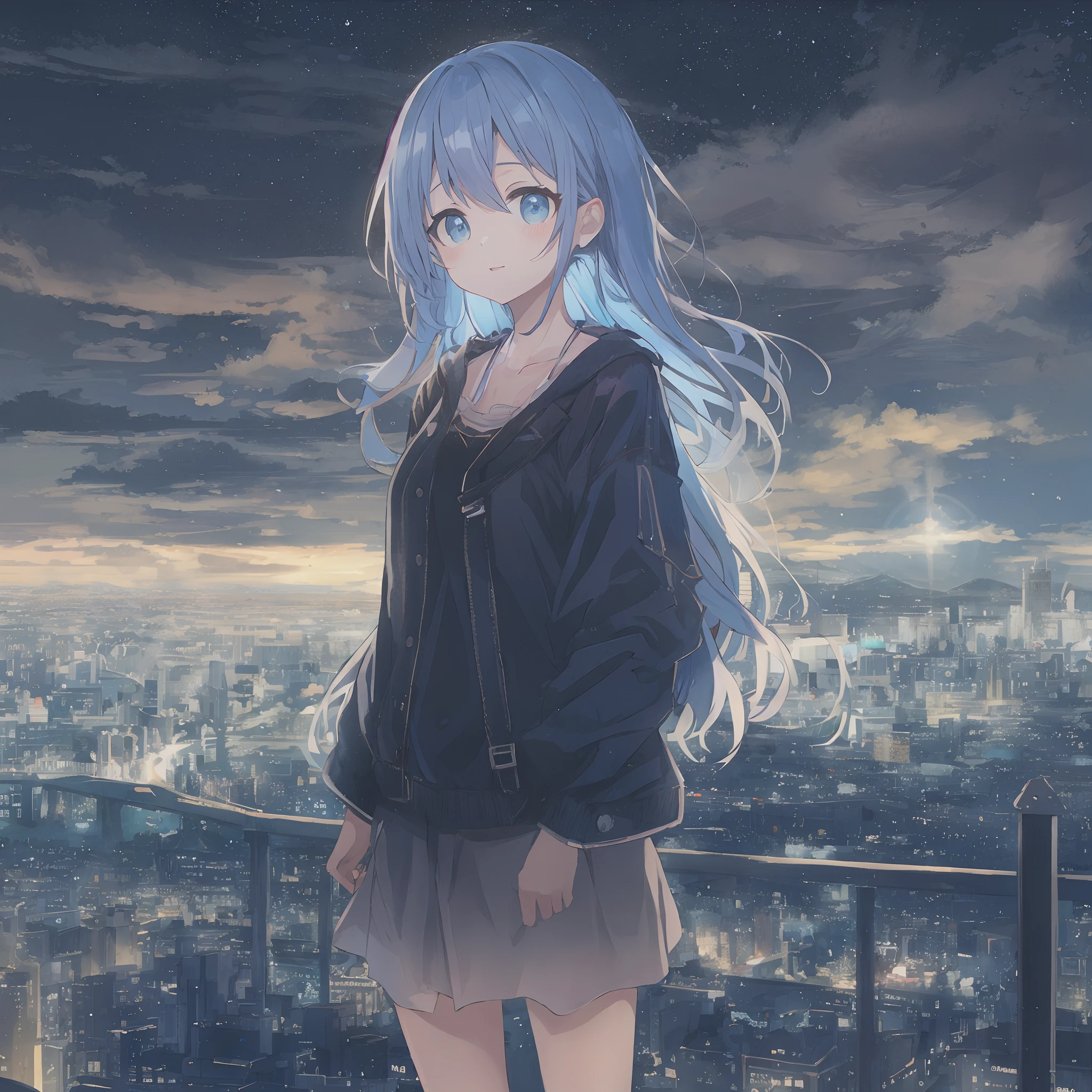 absurderes, hight resolution, (Anime style:1.1), ((masutepiece)), ((Best Quality)), (Ultra-detailed), (Beautiful), 独奏, Beautiful face、(liftup),Cute girl standing on mountain with beautiful view of night view of delicate city at night,Wind,Light blue hair, Blue eyes,Casual clothing,Laugh,Looking at Viewer,Lens Flare,Dramatic,Admire the night view、Don't look here