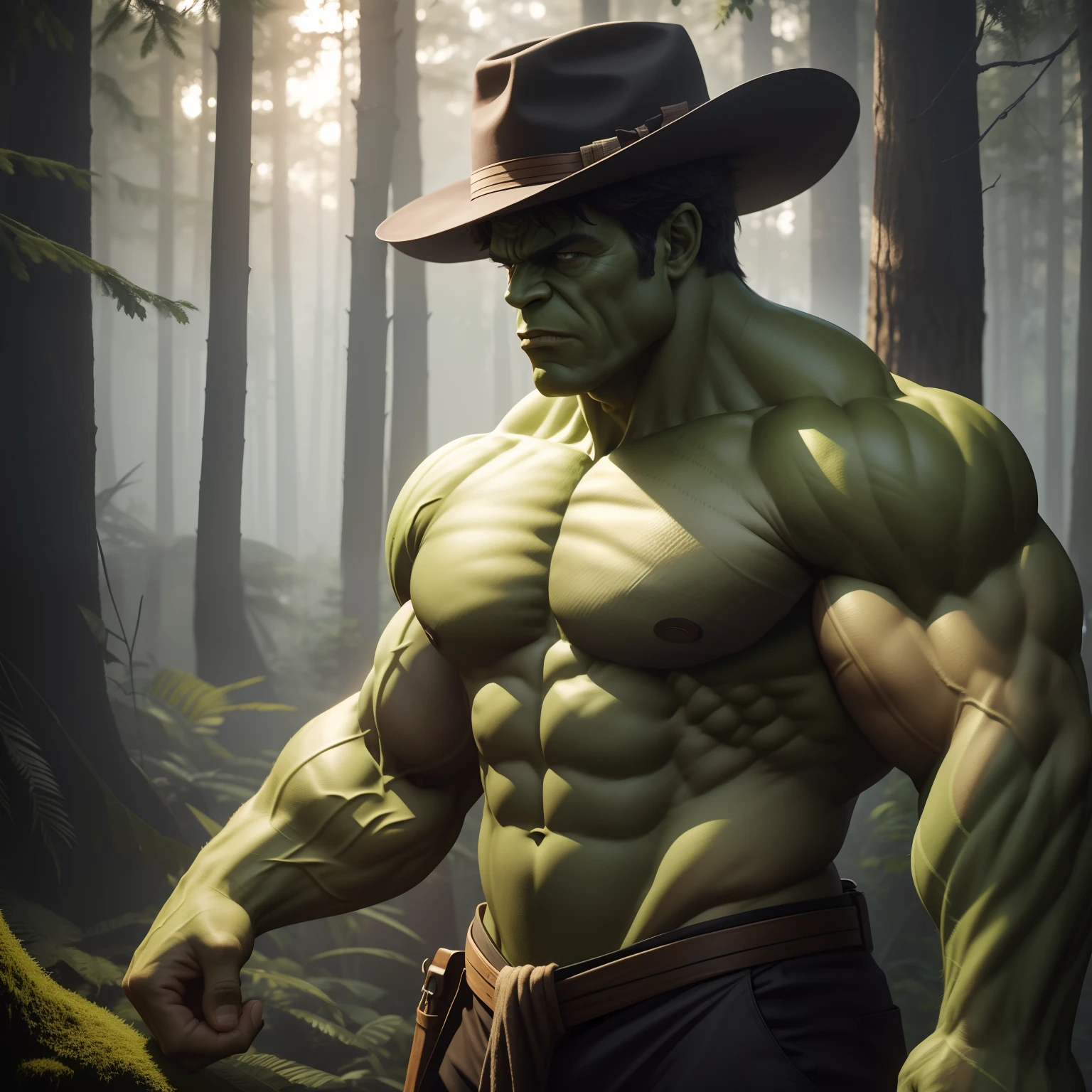 "A photorealistic depiction of the Hulk transformed into a hat. The hat retains the Hulk's iconic green color and features details that mimic his muscular physique. The scene is set outdoors in a lush forest, with the hat displayed on a rustic wooden stand. The camera captures a close-up shot with a 85mm lens, highlighting the realistic textures and contours of the hat's design. The lighting is soft and diffused, creating a natural atmosphere. The resolution is set at 4K to showcase the intricate transformation."