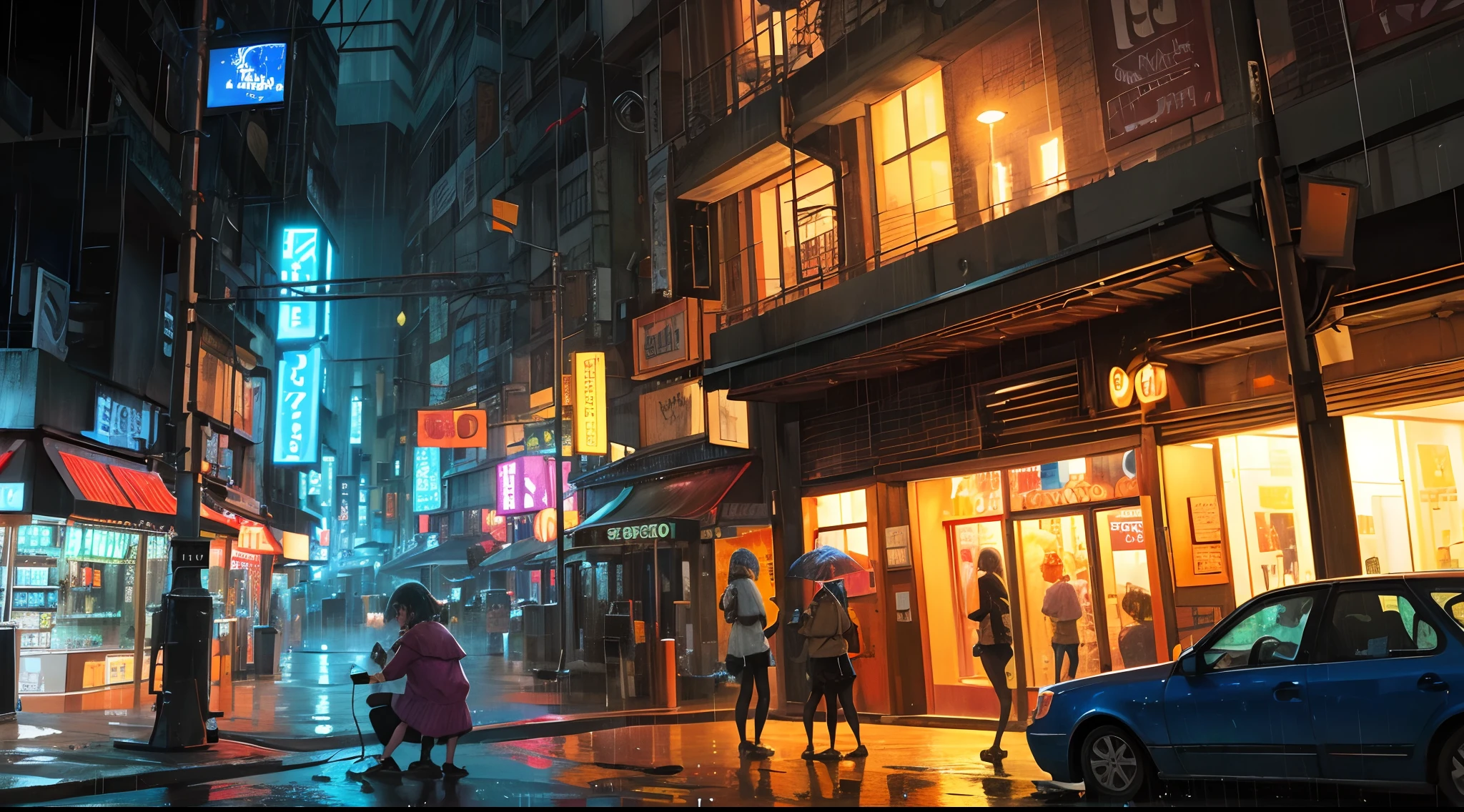 It's raining lightly at night, blue and orange are the main colors, and in the neon-lit punk city, girls are holding quirky pets playing with their phones