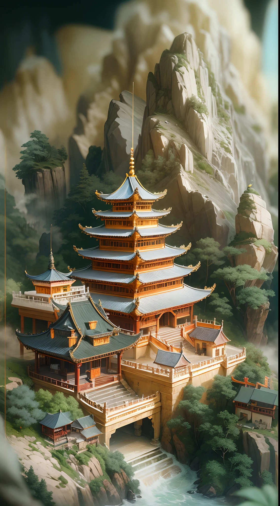 Jade,Gilded mountains,(Paper carving:1.5),Tilt-Shift,(Cloud fog:1.3),viewed from bird's-eye,Soft lighting,Dreamy,white colors,golden colored,Traditional Chinese color scheme,reasonable design,Clear lines,High sharpness,Best quality,Very detailed,Masterpiece,offcial art,movie light effect,4K