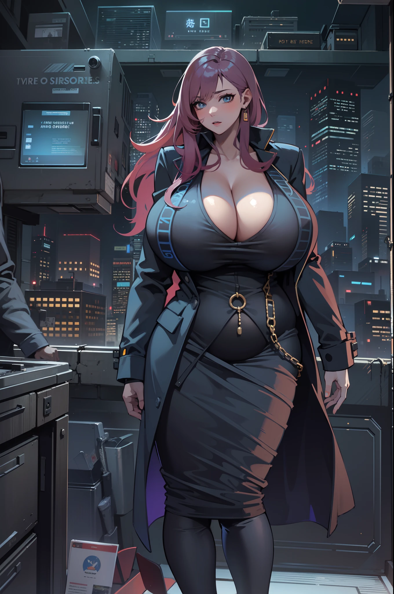 (masterpiece, best quality), 1girl, gigantic breasts, curvy, chubby, business suit, gigantic belly, open blazer, tight, cyberpunk, Neo noir,
