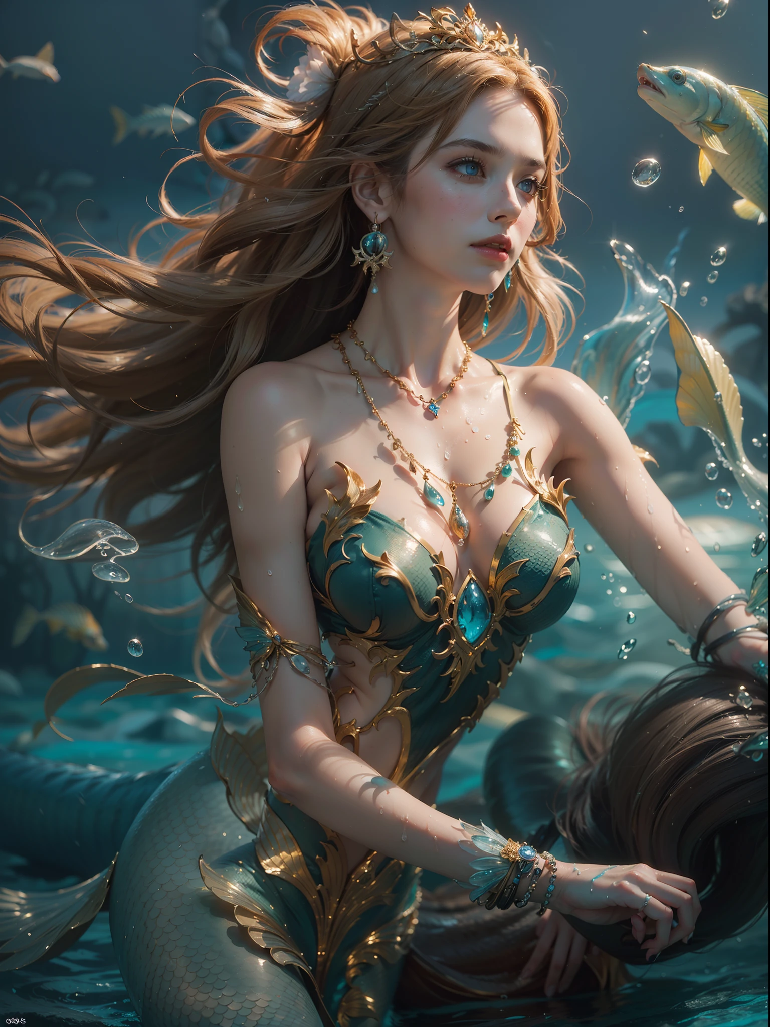 (number々Award-winning masterpieces of, with incredible detail, textures and maximum detail), Beautiful golden scales、Erotic golden costume、very Bigger breasts、Slim waist、Breast exposure、Blue eyes、(full-body view:1.5), (Hyper realistic:1.4), (Realistic:1.3), (Top quality real texture skins), (((in water))), (Deep sea:1.5), (fine perfectly symmetrical eyes), finerly detailed face, ((medieval world)), (full-body view:1.5), ((mermaid)), ((Mermaid Princess)), ((Mermaid aristocracy)), (Brighten and burn your eyes like ice), (She has a mischievous smile on her face), colorful coral reef, Shining majestic water and light, (beautidful eyes:1.5), (full-body view:1.5), (Swirling water flow and background flow), (Dramatic light), (A majestic sight), (Her countenance is gentle and beautiful), Glass earrings on the ears, (dramatic photography:1.4), ((dramatic pose)), (flamboyant photo), (long hair of golden color), (full-body view:1.5), ((Looking down)), (Around her neck is a simple necklace of exquisite workmanship), (Bioluminescence with brilliant brilliance:1.3), (Use fancy hydromagic:1.2), (Beautiful fish in the surroundings), (full-body view:1.5), Epic Realistic, Faded, Art Book, (Greg Rutkowski:0.8), (teal and orange:0.4), (Art Station:1.5), Cinematic, ((Neutral colors)), (nffsw:1.5), (Muted colors:1.2), Hyper Detailed, Dramatic light, (Intricate details:1.1), Complex background,