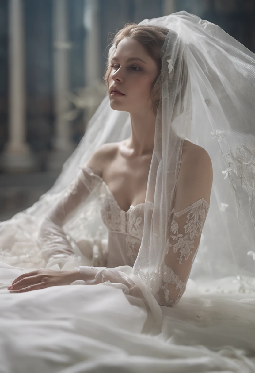 There is a woman in a white dress and veil posing with glasses for a photo, pale milky white porcelain skin, Guviz, Translucent white skin, Smooth translucent white skin, White bra, light yarn, White lace, Milky white skin, ((Mist)), Lingerie, (Ethereal), Very ethereal, pale snow-white skin, White veil, chest plate ) ) ), soft outline,Dew 1/2 chests,aesthetic cute with flutter,asiagirl,Bigchest