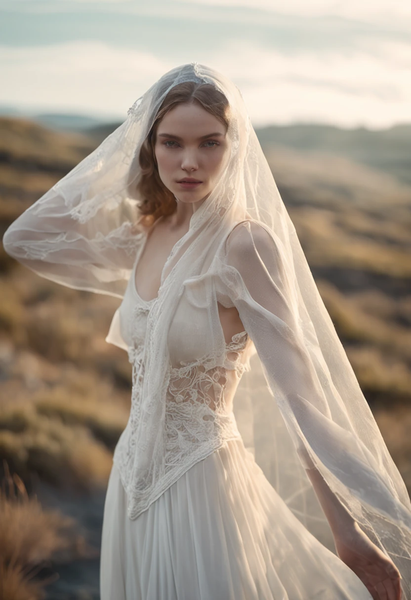 There is a woman in a white dress and veil posing with glasses for a photo, pale milky white porcelain skin, Guviz, Translucent white skin, Smooth translucent white skin, White bra, light yarn, White lace, Milky white skin, ((Mist)), Lingerie, (Ethereal), Very ethereal, pale snow-white skin, White veil, chest plate ) ) ), soft outline,Dew 1/2 chests,aesthetic cute with flutter,asiagirl,Bigchest