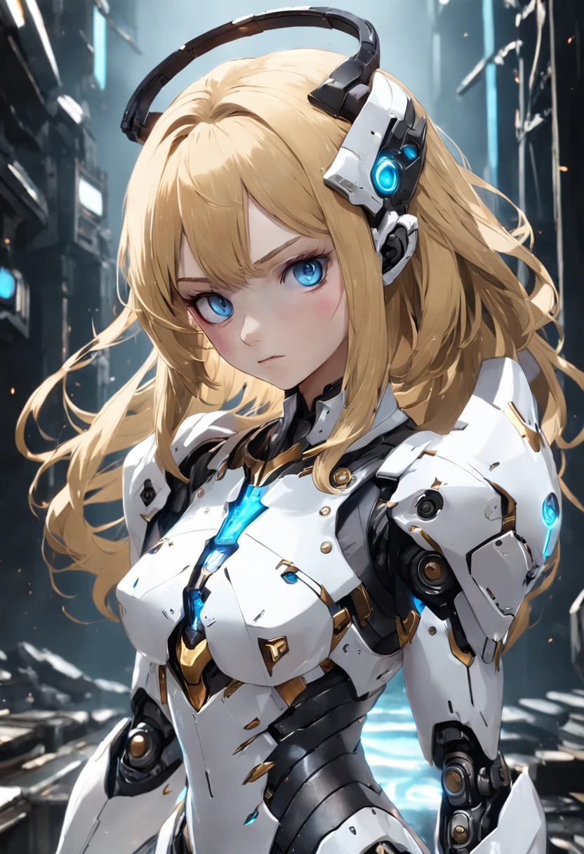 A woman, white mecha suit + black armor with silver parts, long, short golden hair, hair with bangs in front of her eyes, helmet on her head, sparkling blue eyes, looking at the viewer, ((( pose interacting and leaning [ on an object | on something in the environment]))), right-handed dungeon, with machines, robots, puppy, Surreal, Tense, Hot, Highly detailed, clear, Professional, 8K UHD, twilights, movie, Dark, Violent, plein air , river, buttle, well-detailed fingers, well-detailed hand, perfect_hands,chase, dramatic, vivid, tense atmosphere, rendered, epic, twilights, nffsw, album covers, blizzard, lightning, disaster, boiling lava waterfall, ((full length): 1.5). 16k, UHD, best possible quality, ultra detailed, best possible resolution, Unreal Engine 5, professional photography, perfect_hands, [princesa_zelda], ((zelda_breath_of_the_wild)),