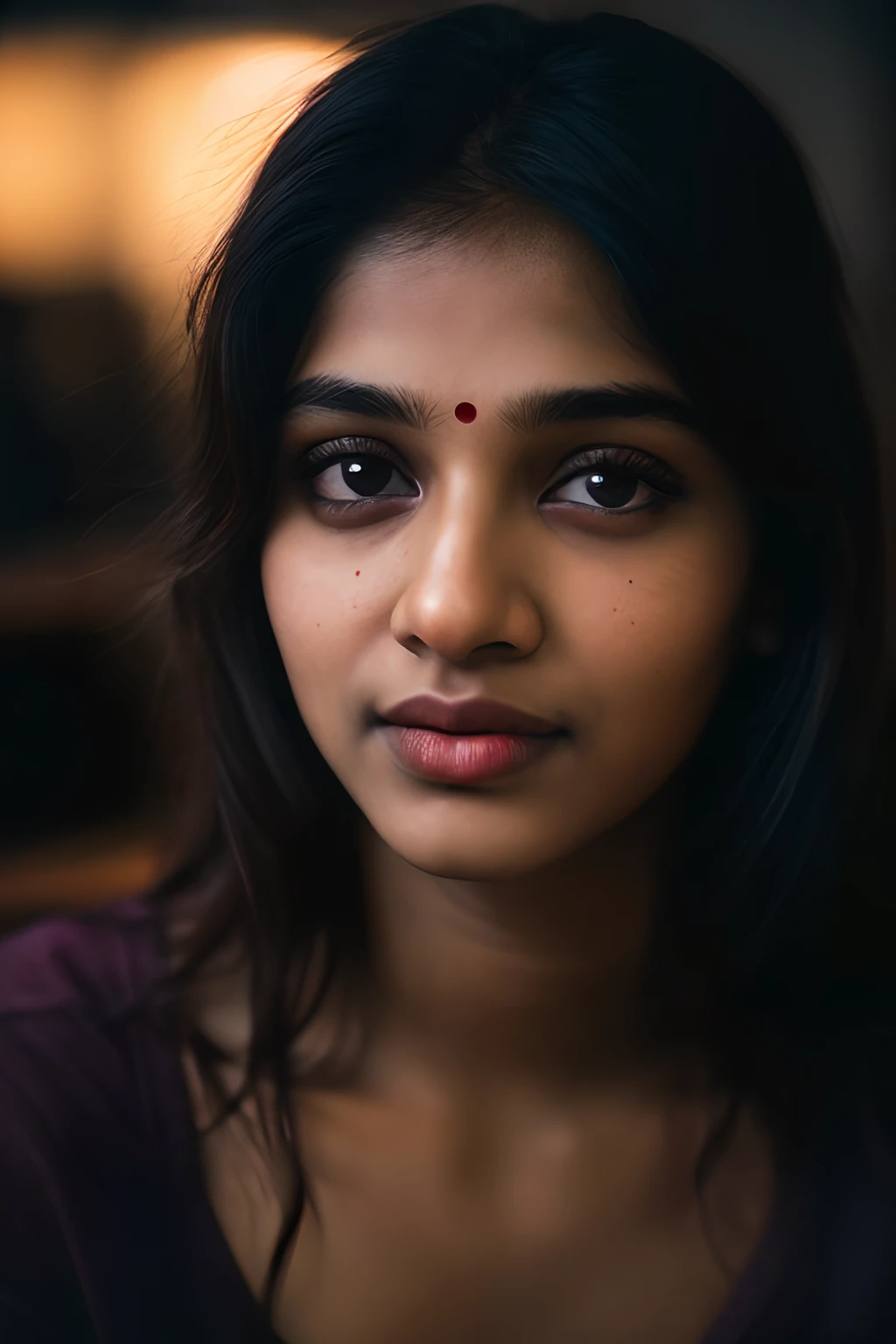 (close-up, editorial photograph of a 21 year old Indian woman), (highly detailed face:1.4) (smile:0.7) (background inside dark, moody, private study:1.3) POV, by lee jeffries, nikon d850, film stock photograph ,4 kodak portra 400 ,camera f1.6 lens ,rich colors ,hyper realistic ,lifelike texture, dramatic lighting , cinestill 800,