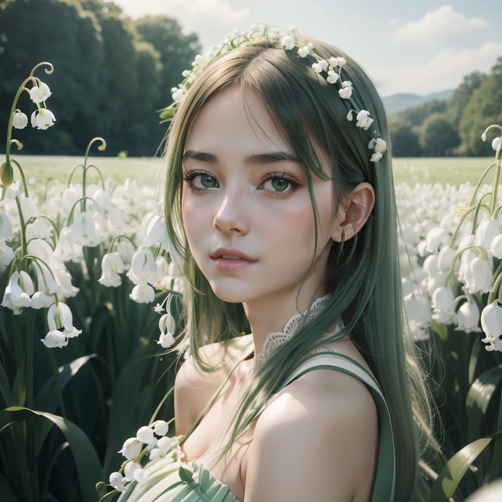 Beautiful portrait of a beautiful girl in Lily of the valley field, Half body, Science fiction、 A detailed eye, Art Station, Sharp Focus, Photorealsitic, 35 mm, Ultra Detail, 4 k, radiant light, light green dress