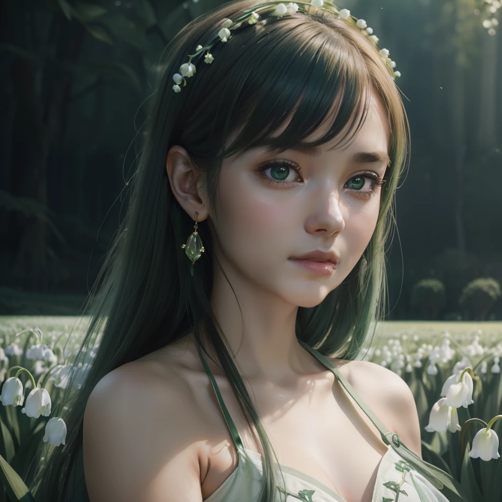 Beautiful portrait of a beautiful  girl in Lily of the valley field, Half body, Science fiction、 A detailed eye, Art Station, Sharp Focus, Photorealsitic, 35 mm, Ultra Detail, 4 k, radiant light, light green dress