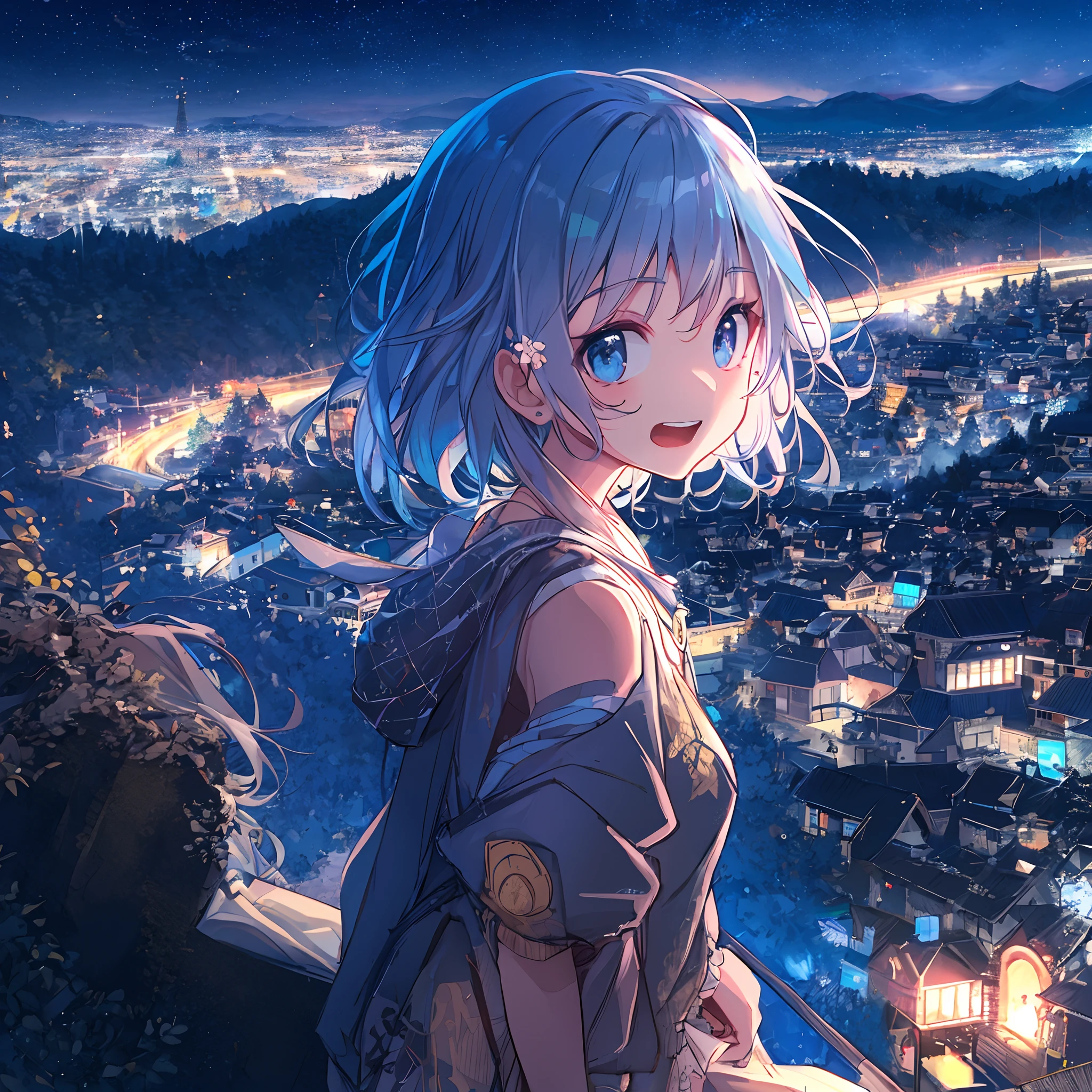 absurderes, hight resolution, (Anime style:1.1), ((masutepiece)), ((Best Quality)), (Ultra-detailed), (Beautiful), 独奏, Beautiful face、(liftup),Cute girl standing on mountain with beautiful view of night view of delicate city at night,Wind,Light blue hair, Blue eyes,Casual clothing,Laugh,Looking at Viewer,Lens Flare,Dramatic,Admire the night view、Don't look here