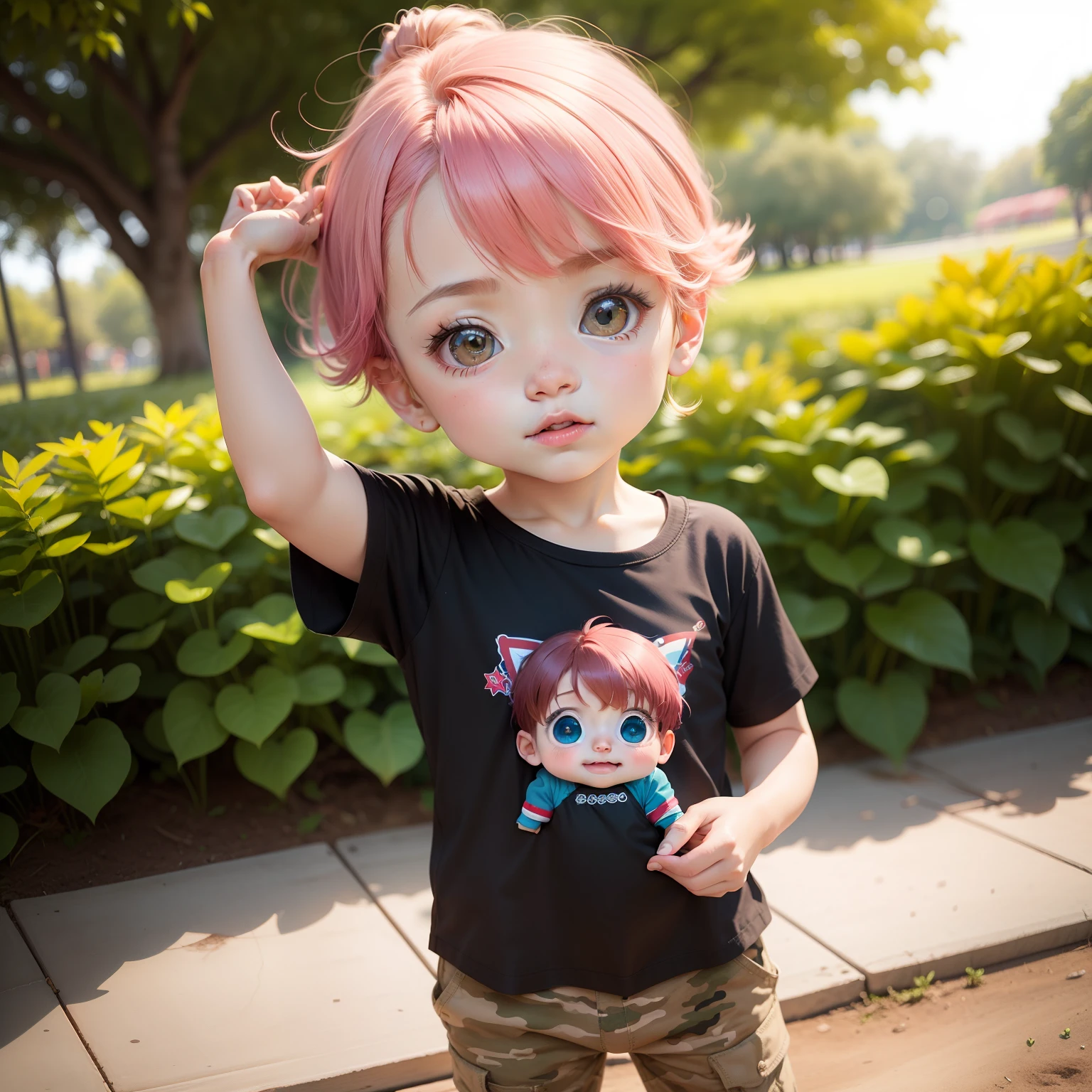 Cute Baby Chibi Anime,Male child,short hair with characteristic dark pink tips,,Children's Clothing, Stars and Stripes Printed T-Shirt,Top, Camouflage pants, Short, Cool,punching bag, Sports,Royal Botanic Gardens