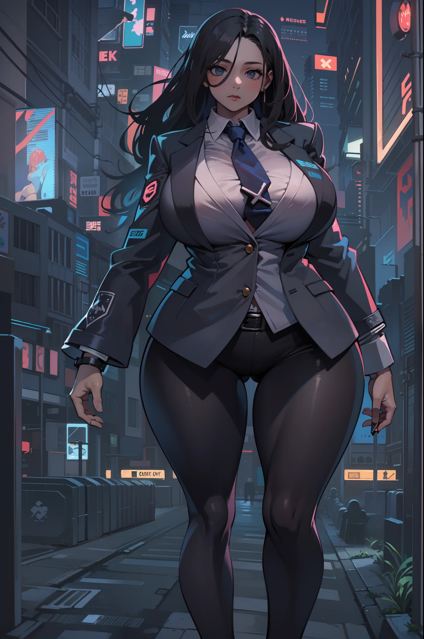 (masterpiece, best quality), 1girl, gigantic breasts, curvy, chubby, business suit, open blazer, tight, cyberpunk, Neo noir,