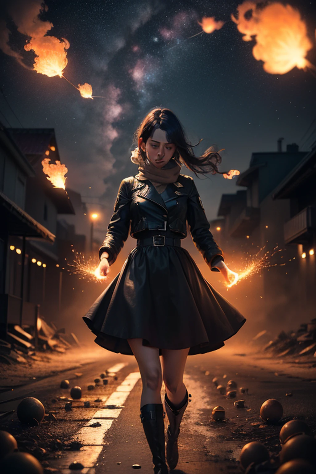The night sky descends with a rain of fireballs,There are traces of incineration on the ground,The woman is helpless,Authentic texture