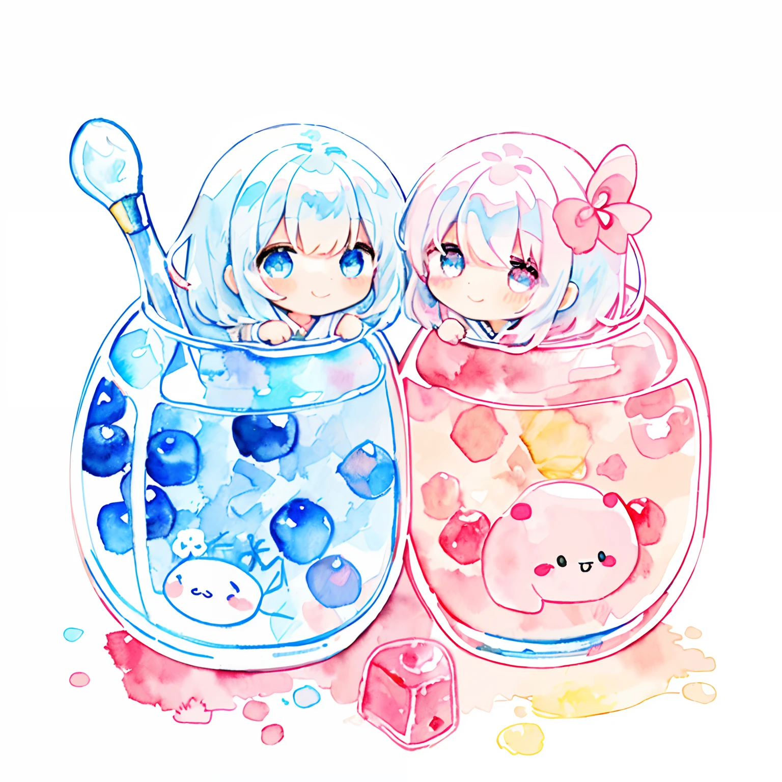 PastelColors:1.5)、(Cute illustration:1.5)、(watercolor paiting:1.2)、Light blue background、girl with、full body Esbian、A smile、Stranger、Light blue all over、Moya、marble、colourfull、jello、blueberry、Ichigo、Jelly Girl、White hair、light blue eyes、Pink eyes、twinsies