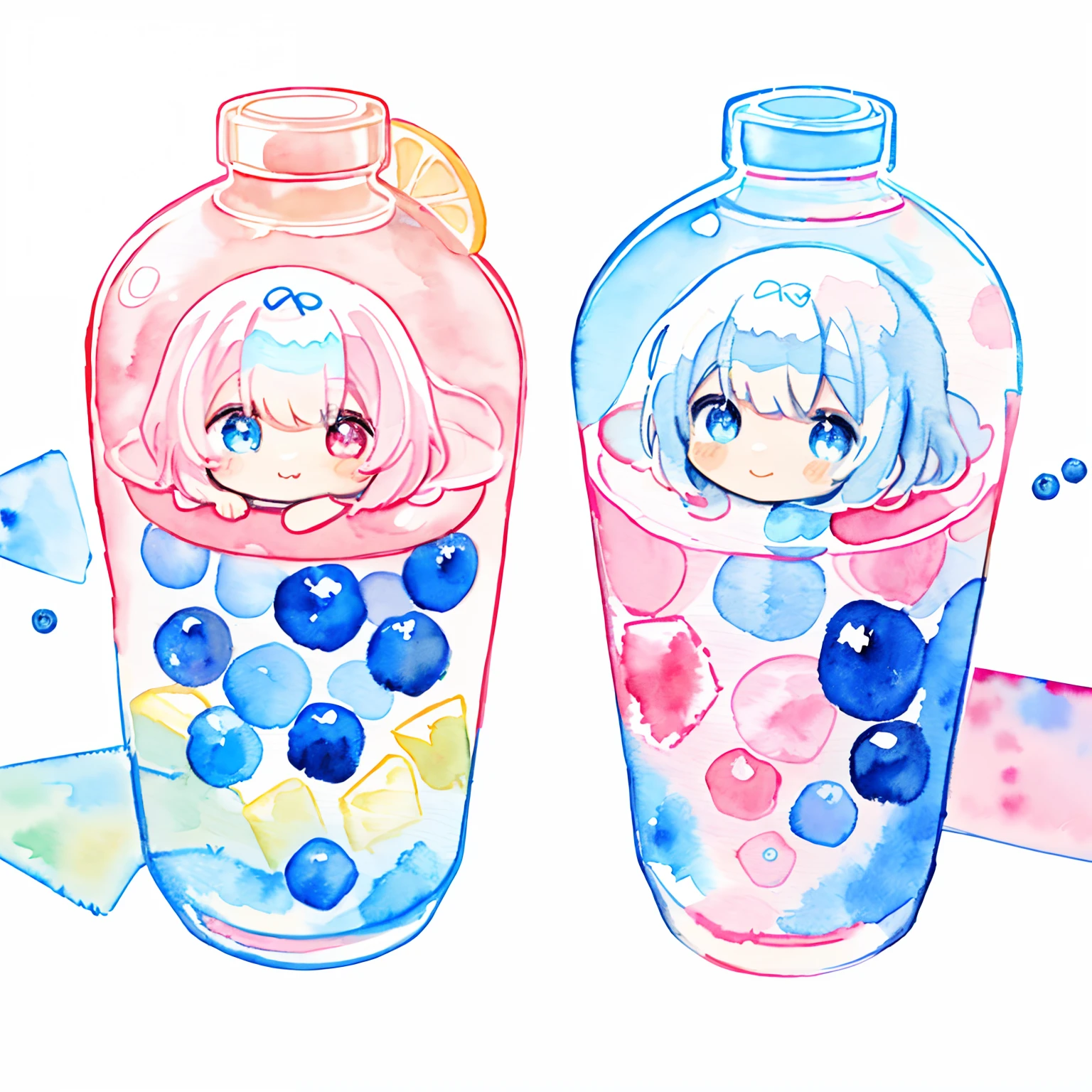 PastelColors:1.5)、(Cute illustration:1.5)、(watercolor paiting:1.2)、Light blue background、girl with、full body Esbian、A smile、Stranger、Light blue all over、Moya、marble、colourfull、jello、blueberry、Ichigo、Jelly Girl、White hair、light blue eyes、Pink eyes、twinsies