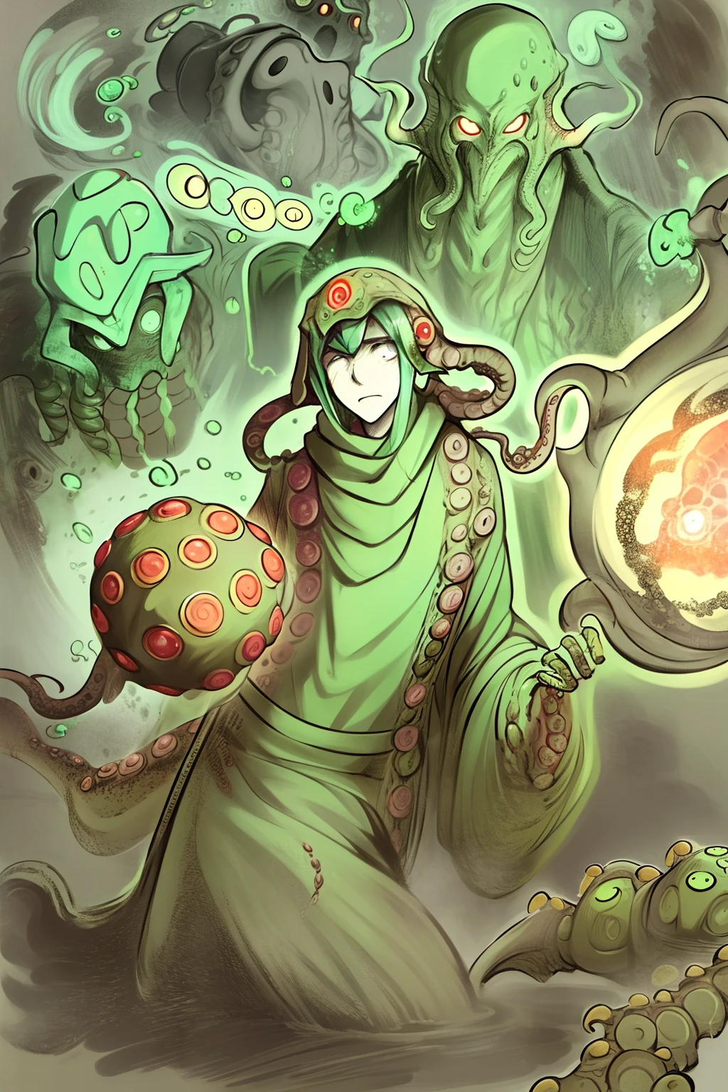 Cthulhu,Monster,(tentaculata:1.35)，A polluted underwater world，Gloomy picture，(Nuclear contamination:1.35)，（face:1.35）,（sarcoma：1.35）
