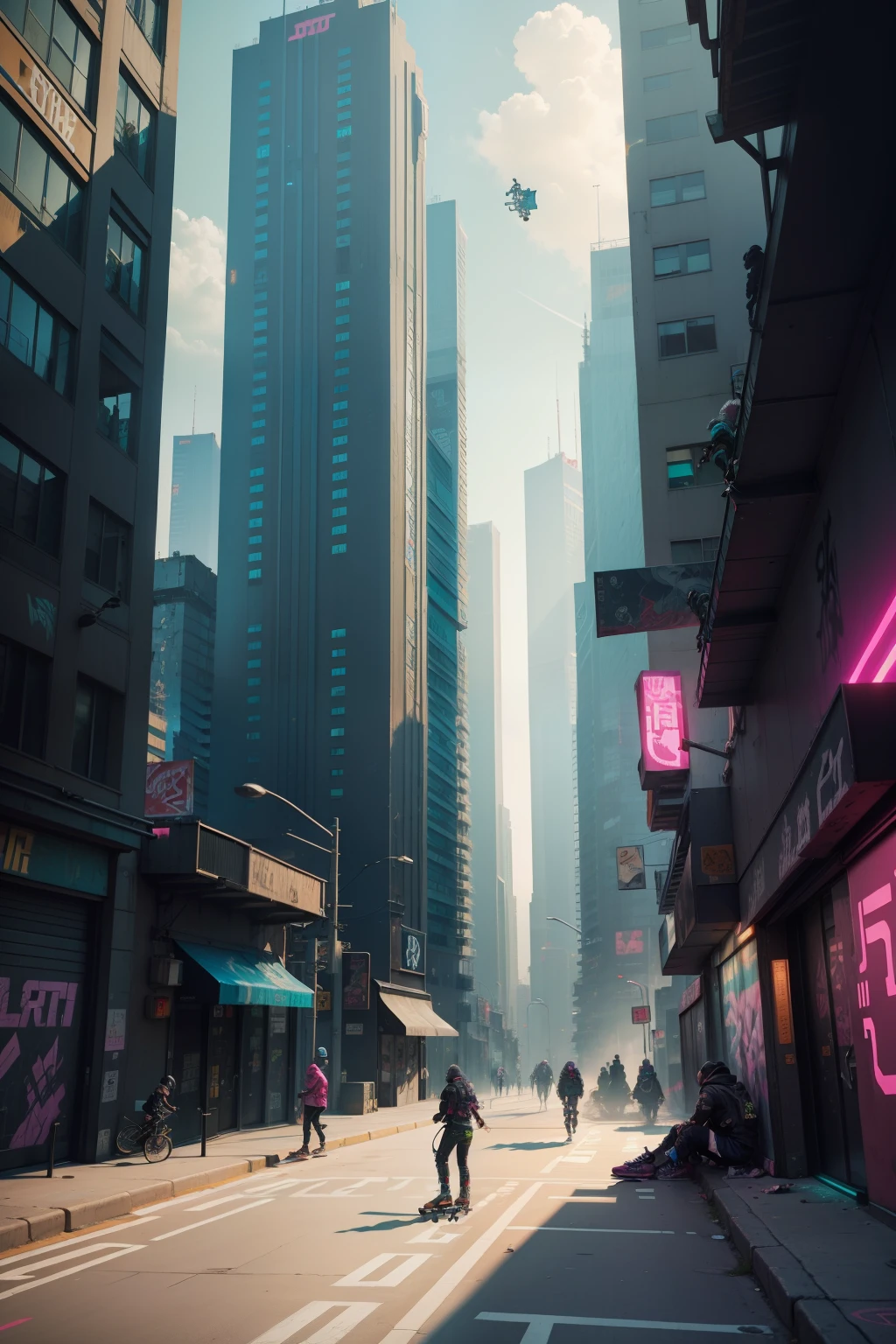 Skaters play cyberpunk on streets with tall buildings and graffiti