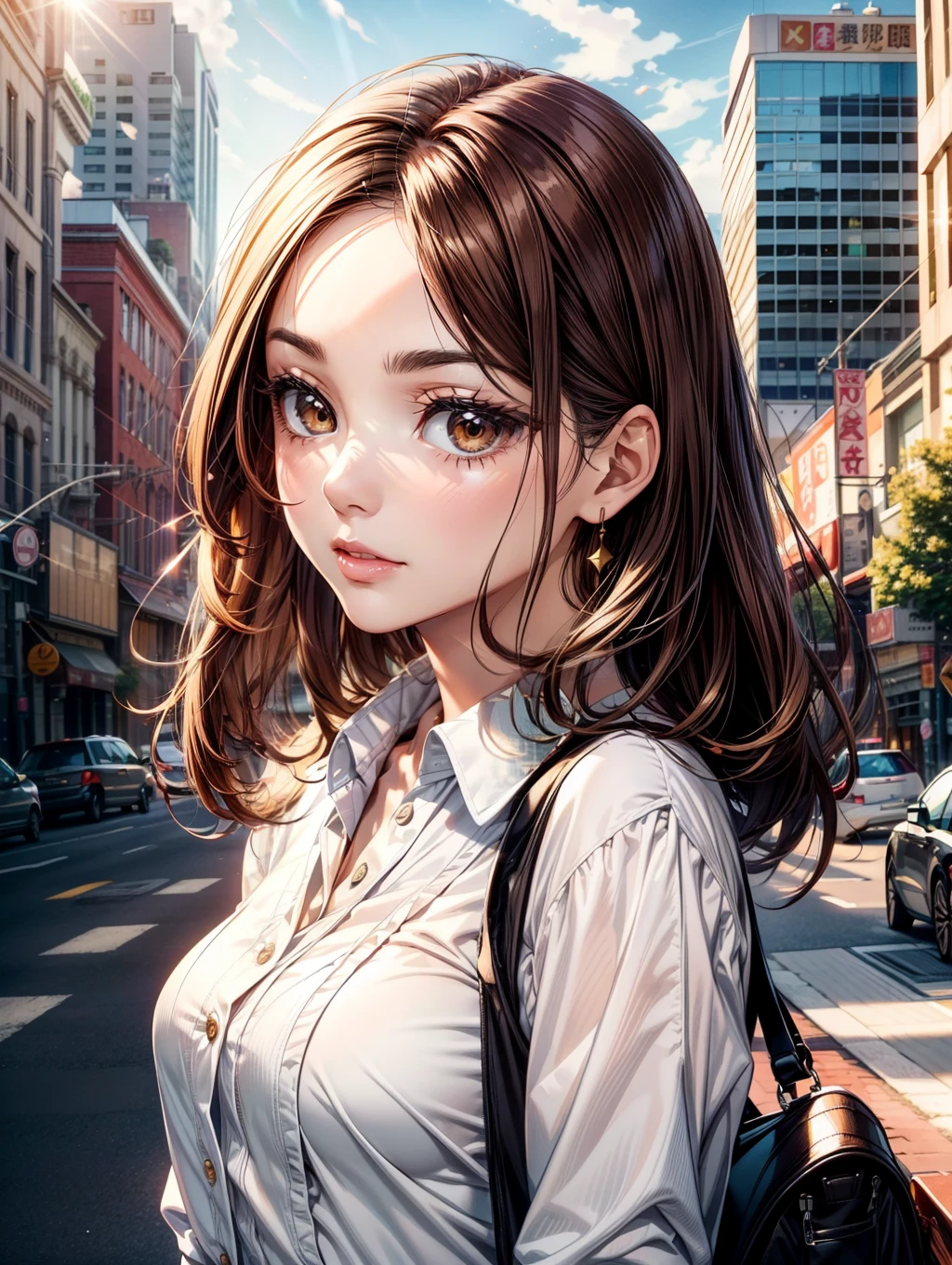 Best Quality, masutepiece, beautiful mature women、Beautiful face、Strong-minded woman、Wearing an office blouse、brown haired、Brown-eyed、Medium Hair、Small eyes、Full body like、Block sunlight with your hands、suns、look up sky、Downtown、A little dazzling、Bring out your forehead、