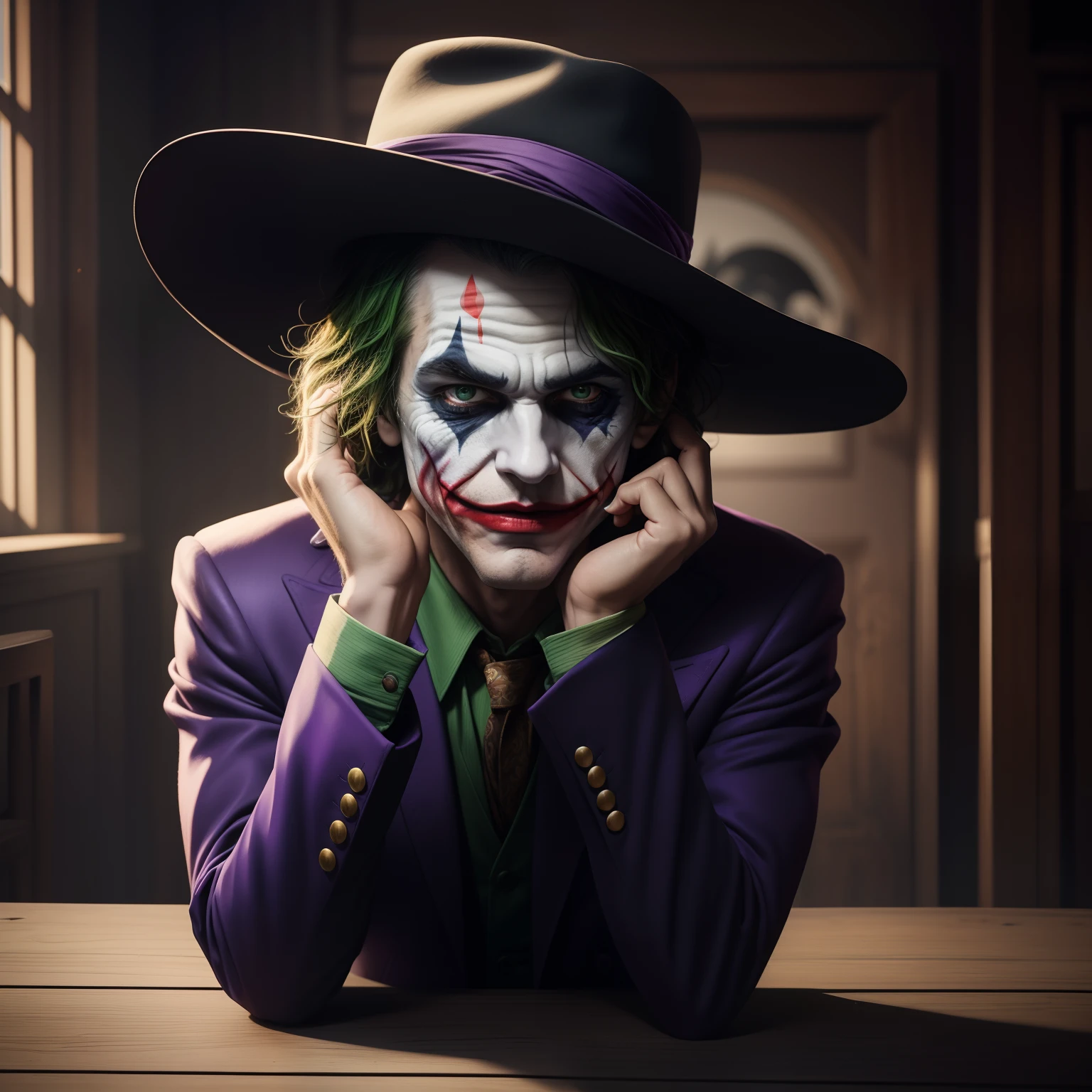 "A photorealistic representation of the Joker transformed into a hat. The hat retains the Joker's signature color palette, featuring a purple hat with green accents. Intricate details from the Joker's costume and makeup are integrated into the hat's design. The scene is set indoors, with the hat displayed on a vintage wooden table under moody lighting. The camera captures a close-up shot with a 50mm lens, highlighting the realistic textures and nuances of the hat's transformation. The lighting creates dramatic shadows, adding depth to the image. The resolution is set at 4K to showcase the intricate transformation."