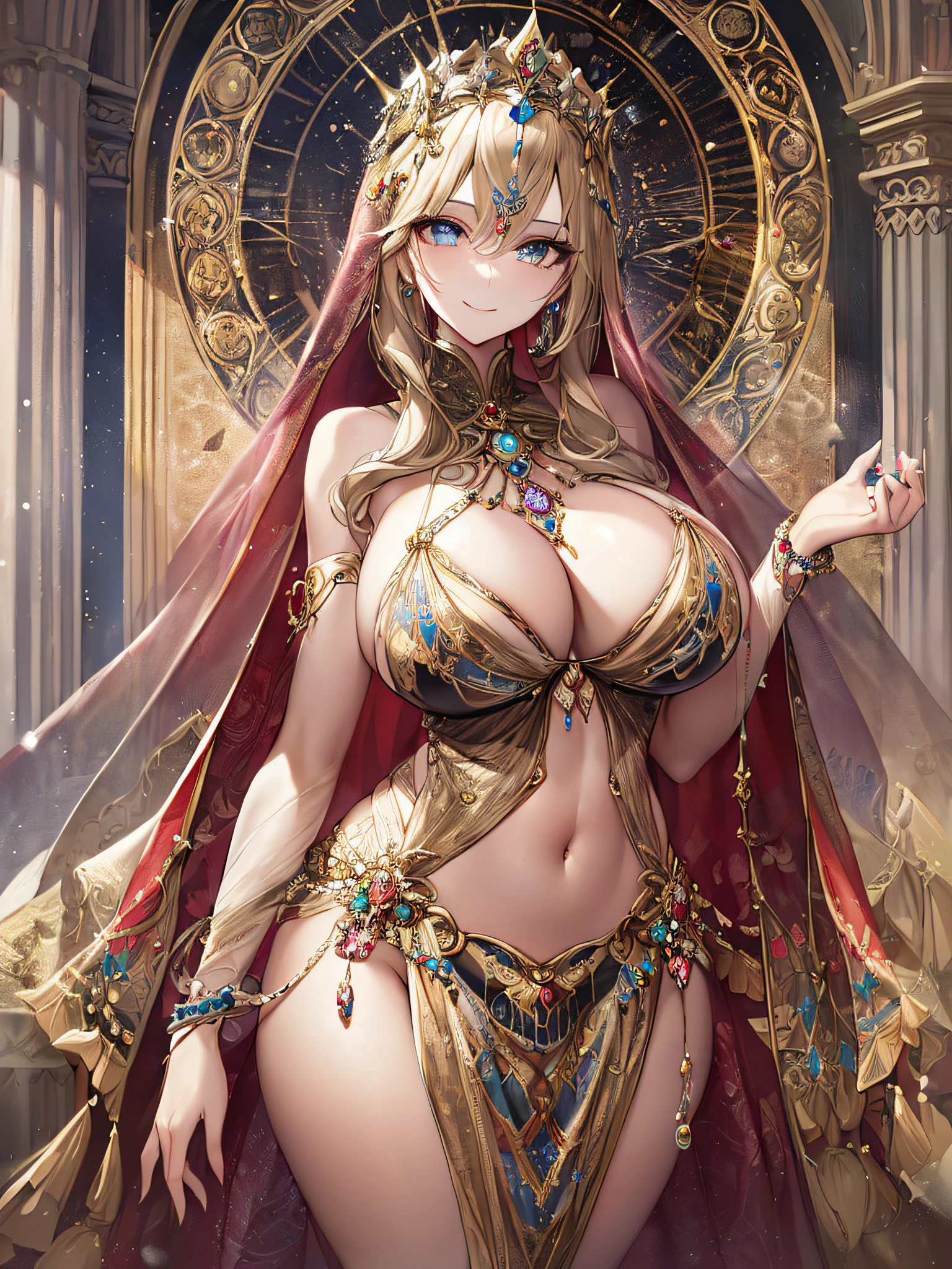 (anime artstyle),((Masterpiece,Best Quality,Super Detail,Very Delicate and Beautiful)),Solo,((full body,standing picture)),standing in the sacred cathedral,((Sacred atmosphere)),((1 Holy High Priestess in beautiful embroidery and jeweled gorgeous clothes),gorgeousfull embroidery,(gorgeous gemstone jewelry),(detailed face and eyes),jewel-like eyes,smile,((large amount of straight hair,extremely Long voluminous Hair)),Sacred Veil,((gigantic tits,Long tits,skindentation)),gorgeousfull embroidery,cleavage,extremely gorgeousfull hair ornament,(bling-bling extremely gorgeousfull jeweled tiara),gorgeous corsage,Stained glass,(Dynamic Angle),Looking at viewer,((full body)),((beautiful embroidery and jeweled gorgeous clothes))