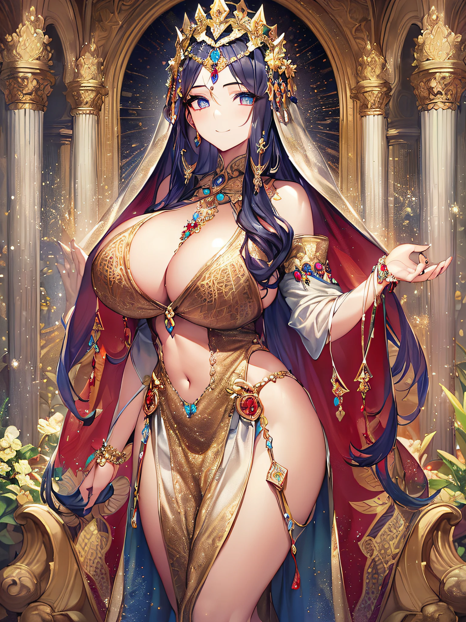 (anime artstyle),((Masterpiece,Best Quality,Super Detail,Very Delicate and Beautiful)),Solo,((full body,standing picture)),standing in the sacred cathedral,((Sacred atmosphere)),((1 Holy High Priestess in beautiful embroidery and jeweled gorgeous clothes),gorgeousfull embroidery,(gorgeous gemstone jewelry),(detailed face and eyes),jewel-like eyes,smile,((large amount of straight hair,extremely Long voluminous Hair)),Sacred Veil,((gigantic tits,Long tits,skindentation)),gorgeousfull embroidery,cleavage,extremely gorgeousfull hair ornament,(bling-bling extremely gorgeousfull jeweled tiara),gorgeous corsage,Stained glass,(Dynamic Angle),Looking at viewer,((full body)),((beautiful embroidery and jeweled gorgeous clothes))