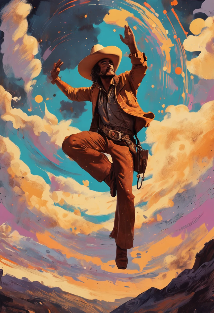 A dramatic painting，An undressed cowboy shows off his furry body floating in the air. There was also a cowboy lying on the dusty ground，A hand reached over，No clothes on. The background is jet black clouds and Katus. The sun shines on them. Bold stars surround the floating cowboy in a circular motion.