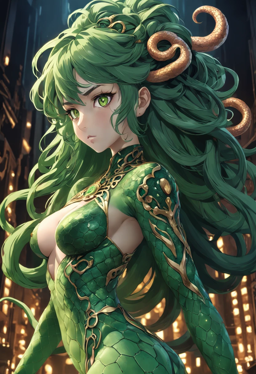 ((best quality)), ((masterpiece)), ((realistic)), Medusa, full body, the hair is composed of countless small snakes, green eyes, female face, metal carved top, royal aura, trend on artstation , sharp focus, studio photo, intricate detail, very detailed, detailed eye, illustration, very detailed, sharp focus, digital render, professional, 4k
