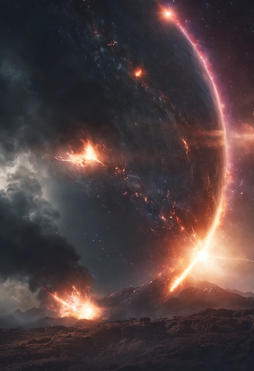 pup, Surreal, Tense, Warm, Highly detailed, sharp, Cosmic explosion，Supernova explosion，star ocean,Professional, 8K UHD, Twilight, movie, Dark, Violent, plein air, River, buttle, chase, Dramatic, Vivid, Tense atmosphere, rendered, epicd, Twilight, nffsw, album covers, blizzard, Lightning, disaster