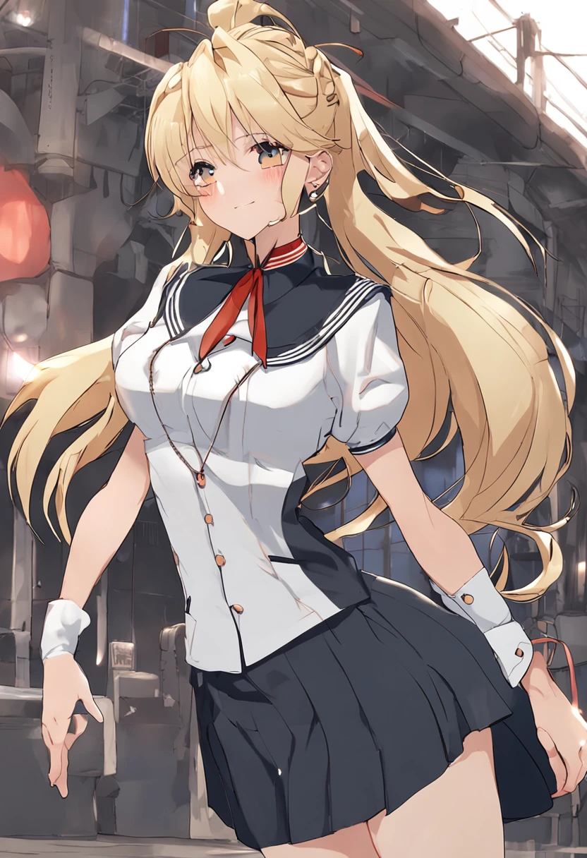 比類のないmasterpiece, Ultra-realistic 8K CG, Perfect artwork, ((The perfect woman)), Mature Woman, Narrow waist, Fascinating, clean, Beautiful Face, {Very delicate and beautiful girl} , 8k wallpaper, {{{masterpiece}} }, One girl, Blonde, blue eyes, ponytail, Police uniform, jewelry, lips, lipstick, Long Hair, Watch the audience, compensate, lips, red lips, Simple Background, alone, Upper Body, (Shiny skin),