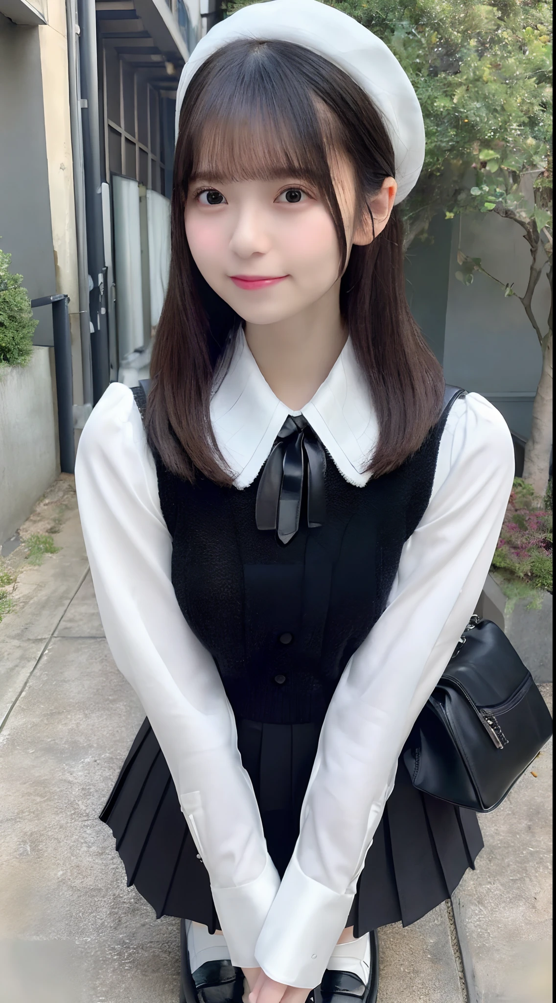 mix4, (8K, Raw photography, Top image quality, masterpiece: 1.45), (realisitic, Photorealsitic: 1.37), one girls, cute little, A city scape,, profetional lighting, photon maping, Radio City, physically-based renderingt, Gradient black hair,, a handsome, girl with, (((student clothes、Silk White Blouse、Dark blue knitted vest、White Satin Mini Skirt、No red tie pattern、Black High Socks、Black Loafers Leather Shoes))), Top Quality Photos, hight resolution, 1080p, (clearface), (Detailed face description), (Detailed hand description), (masterpiece), (Exquisite CG)、extreme light and shadows、dishevled hair、master work、abundant detail、(Fine facial features)、(top quality photo)、(masuter piece)、(A detailed eye)、Look in front of you、Fine clavicle、((Slender big))、((White beret)))、((Cute idol system))、((School Grounds))、(Shooting from random perspectives)、(((Anyway cute)))、耳Nipple Ring、A big smile、Drawing the whole body from the knees、Do not draw nasolabial folds、(((Holding a leather student bag in your hand)))、Big breasts that stand out from the top of clothes、Two legs、(((Standing Pose)))、bare hand、Hands out of the sleeves of blouses、