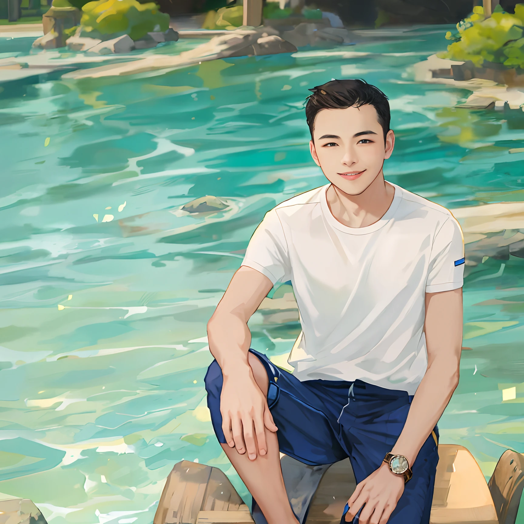 you g handsome anime guy, there is a man sitting on a bench by the water, light smile profile picture 1024px, river in front of him, sitting near a river, masterpiece, 4k, light smile,