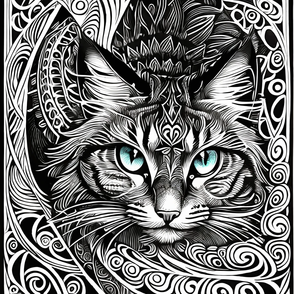 Maincoon cat, (best quality) zentangle, fine line drawing, fine line art, colouring book illustrations, ultra-detailed, intricate linework, highly detailed illustration, perfect composition, beautiful and stunning, dynamic angle, high contrast, incredible shading, incredible detail, unique style, multi colored details, (dark and mystical atmosphere), intricate and detailed nature elements.