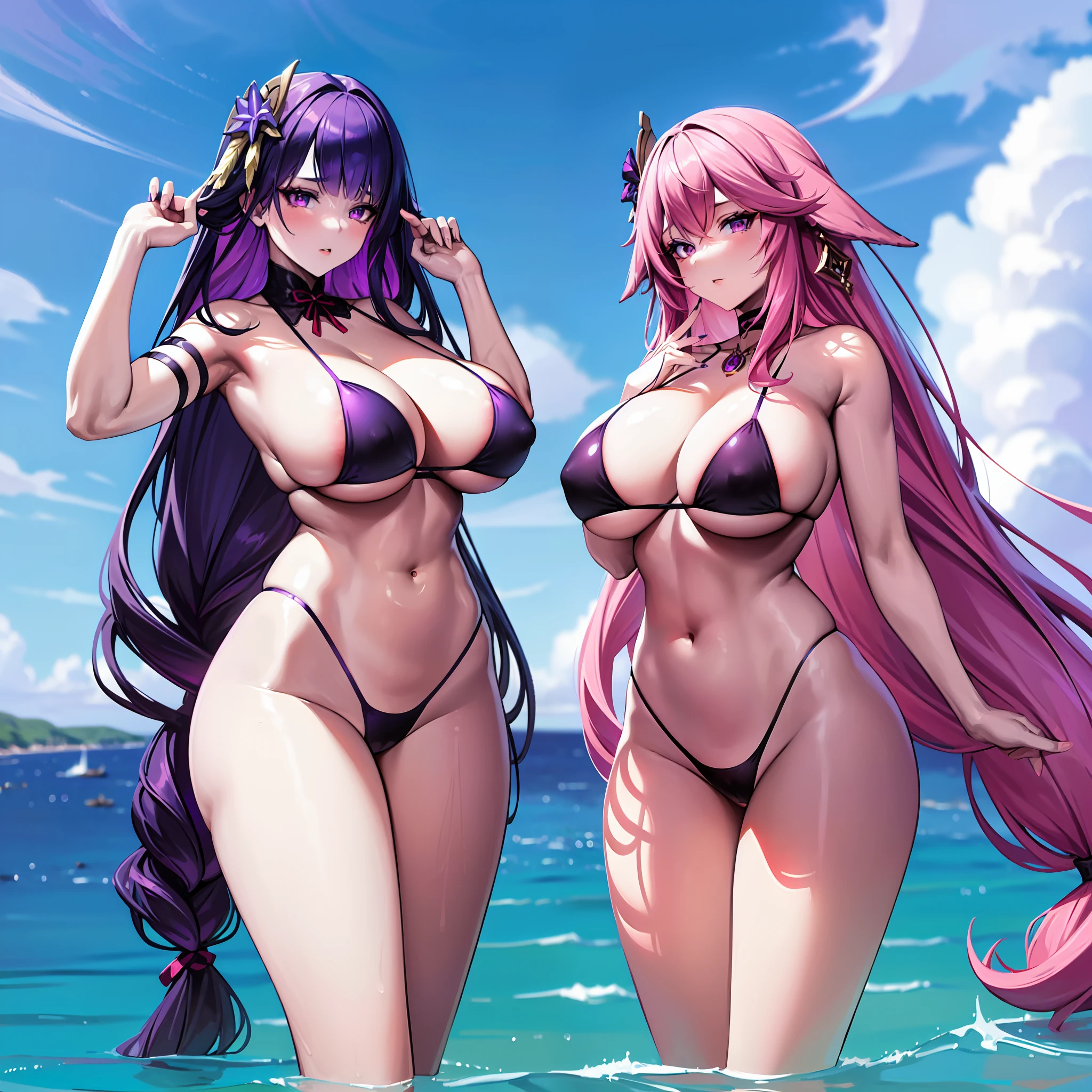 Masterpiece, Best quality, highly detailed, highres, highly detailed, 2 girl, long purple hair, purple eyes, large breast, black bikini, black panties, long pink hair, purple eyes, large breast,white bikini, white panties, side by side, beach, sea background, perfect finger shape, the number of fingers is not excessive,