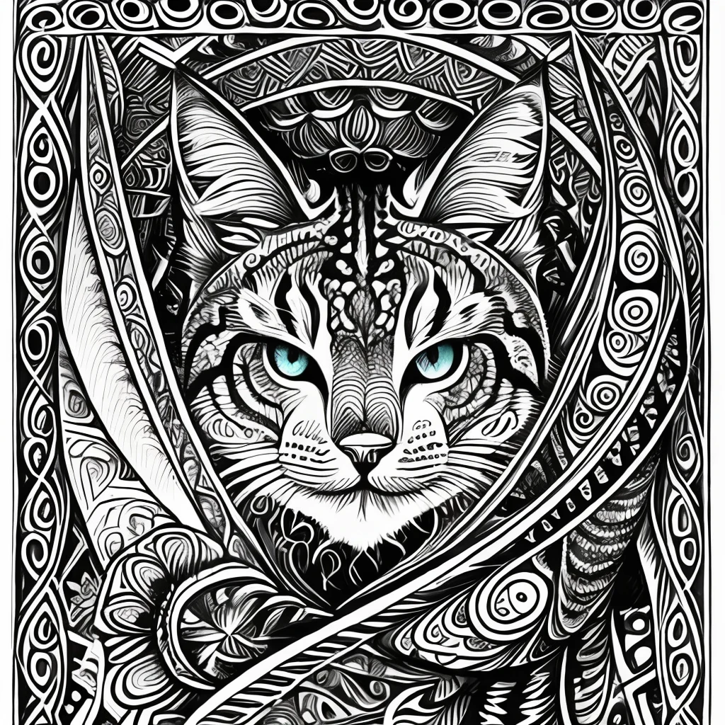 Maincoon cat, (best quality) zentangle, fine line drawing, fine line art, colouring book illustrations, ultra-detailed, intricate linework, highly detailed illustration, perfect composition, beautiful and stunning, dynamic angle, high contrast, incredible shading, incredible detail, unique style, multi colored details, (dark and mystical atmosphere), intricate and detailed nature elements.