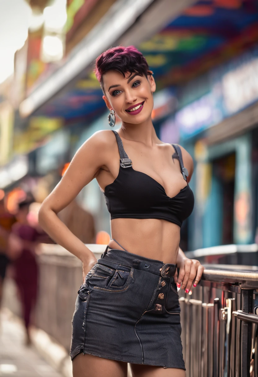 (((BIG BOOBS))) beautiful and cute lady, wearing just mini bra and black mini skirt, short purple hair, smiling, at the street, (skinny), (slim thick), (small waist), 8k