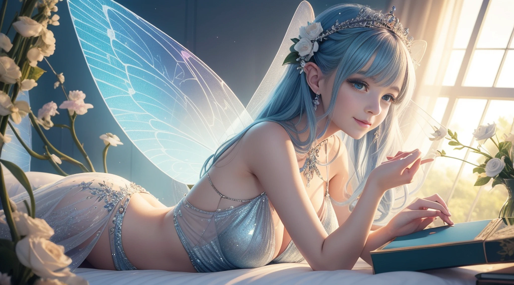 there is a woman with a fairy wings sitting on a bed, fairy aesthetics, beautiful adult fairy, beautiful fairy, portrait of a fairy, beautiful fairies, fairycore, ethereal fairytale, beautiful fairie, portrait of fairy, fairylike, ethereal wings, faerie, beautiful adult book fairy, ethereal fantasy, smiling as a queen of fairies, queen of the fairies, ((masterpiece)),16k,uhd
