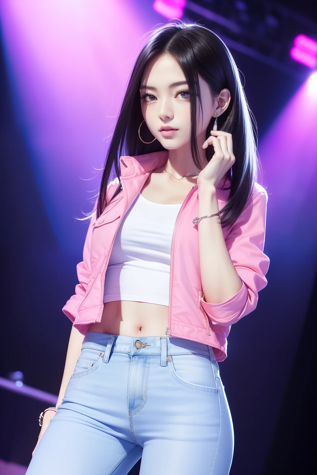 top-quality, 超A high resolution, (Photorealsitic:1.4), (1 persons), ((Pink short jacket)), ((whiteshirt)), ((Super Low Rise Blue Denim Slim Pants)), (Lustrous black hair), ((Medium straight hair)), (Ideal female body type), (A slender), model shot, Live Stage,