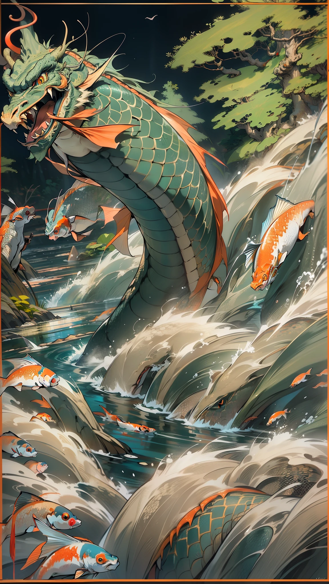 dim moonlit night ,In Japanese legend, a carp climbs a waterfall and becomes a oriental dragon (an auspicious creature in Chinese mythology), 🐲. koi fish, carp (esp. the Japanese carp, Cyprinus carpio), The carp swims towards the upper reaches of the waterfall, the dragon ascends to the sky, High waterfalls, cascades, rocks, splashes, spray. electronic circuit pattern, (Best quality), (masterpiece:1.3), ultra-detailed, (realistic), (photorealistic), Modest exposure,