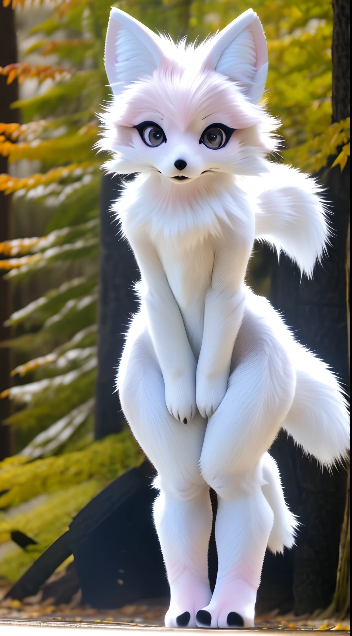 lens flare glow，Cute fox makeup，Fluffy little fox，White fur，Thin waist narrow waist，fox ear，paw shoes，The look of the kawaii，Flat-chested little sister，Wear animal clothing，slimfigure，There is a small notch in the leg，Navy blue hair，Golden pupils