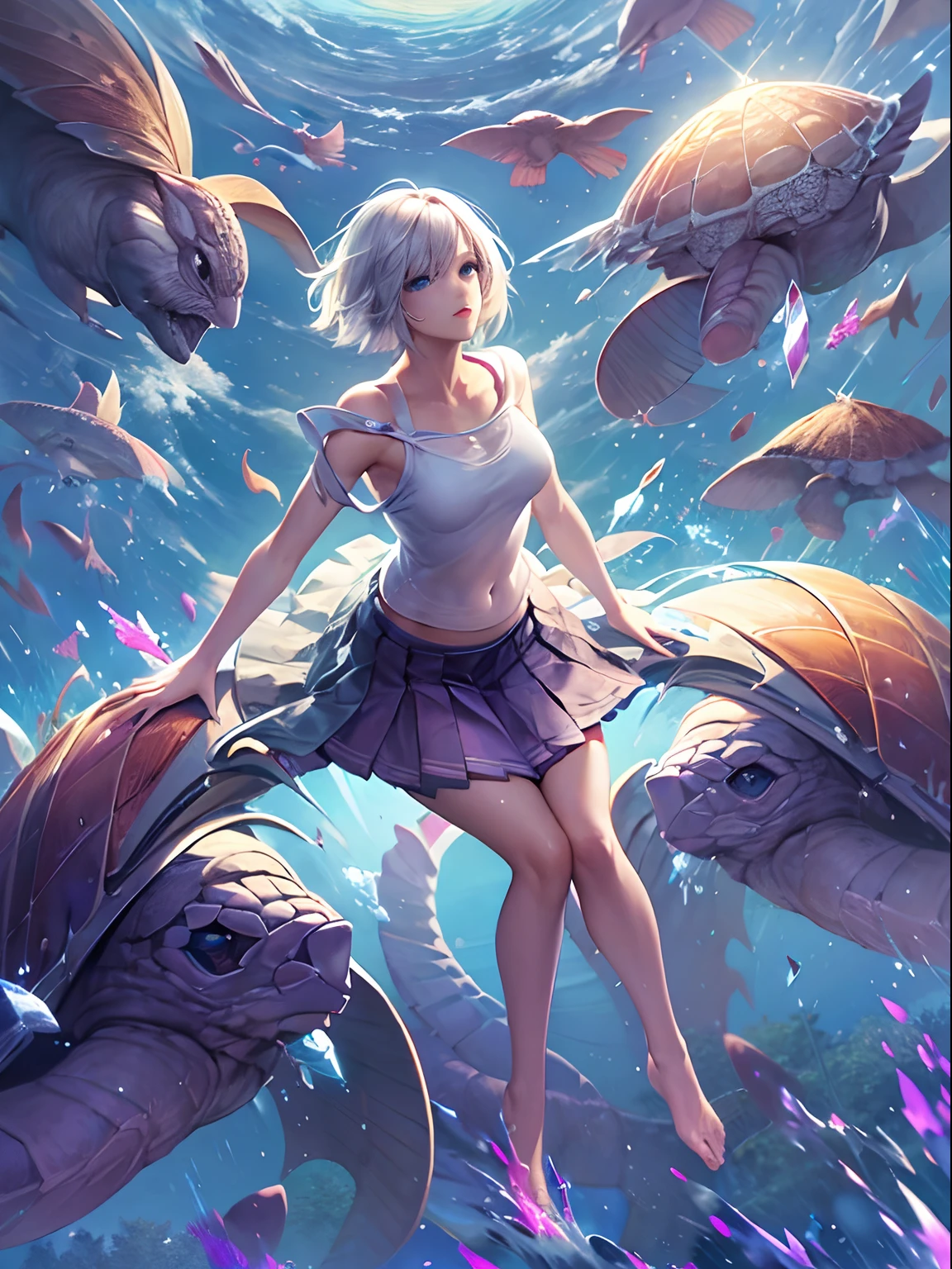 (Best Quality, Masterpiece: 1.1), (Realistic: 1.4), Beautiful naked girl is riding on the purple turtle, god ray, teen, silver short hair, blue eyes, full body, from below, hourglass body shape, flying over the park, crystallineAI, fractal art, splash