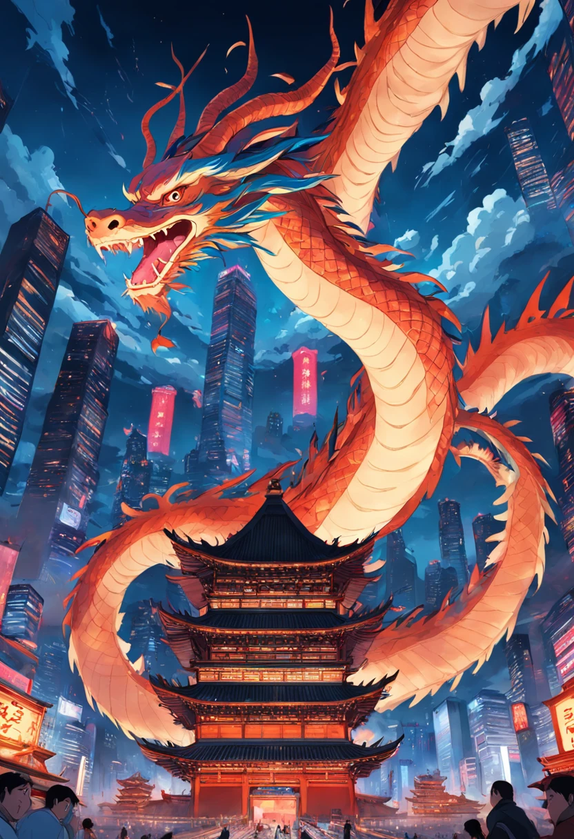 In an ultra-modern city,Chinese dragons circling towers