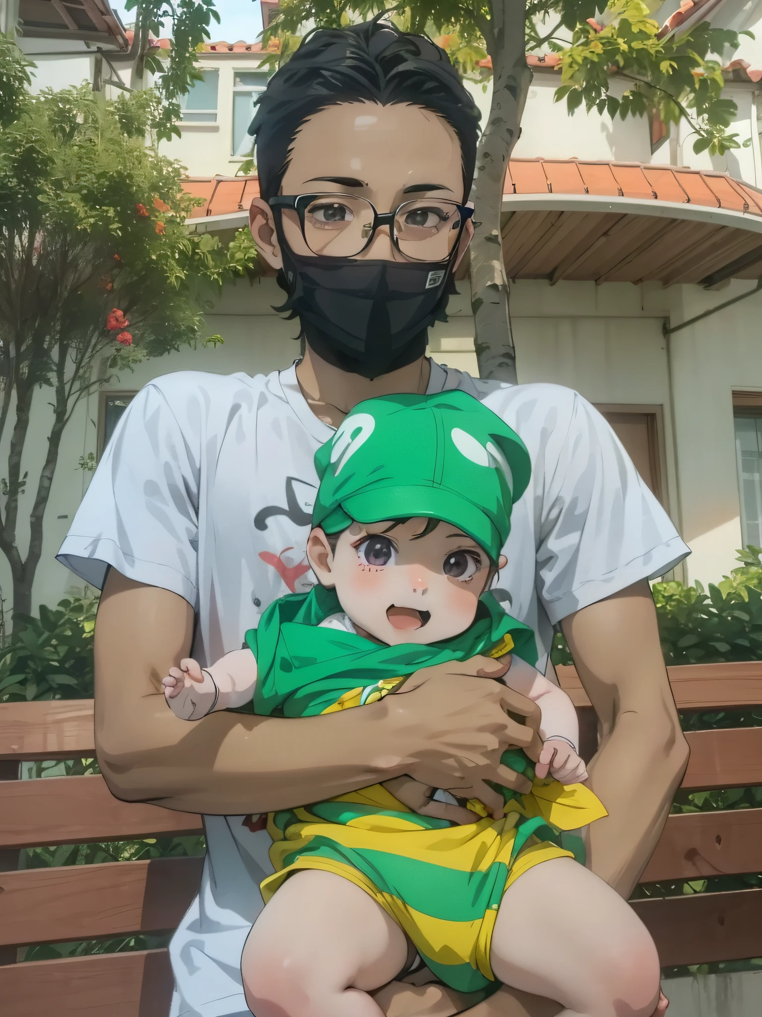 A 20-year-old anime male youth with short black hair and a white shirt standing in the house holding a baby girl looking at the camera, anime style 4 K, anime rendering, anime style. 8k, handsome anime face (upper body display 1.5) (handsome boy 1.3) (cinematic light 1.5), smile, happy