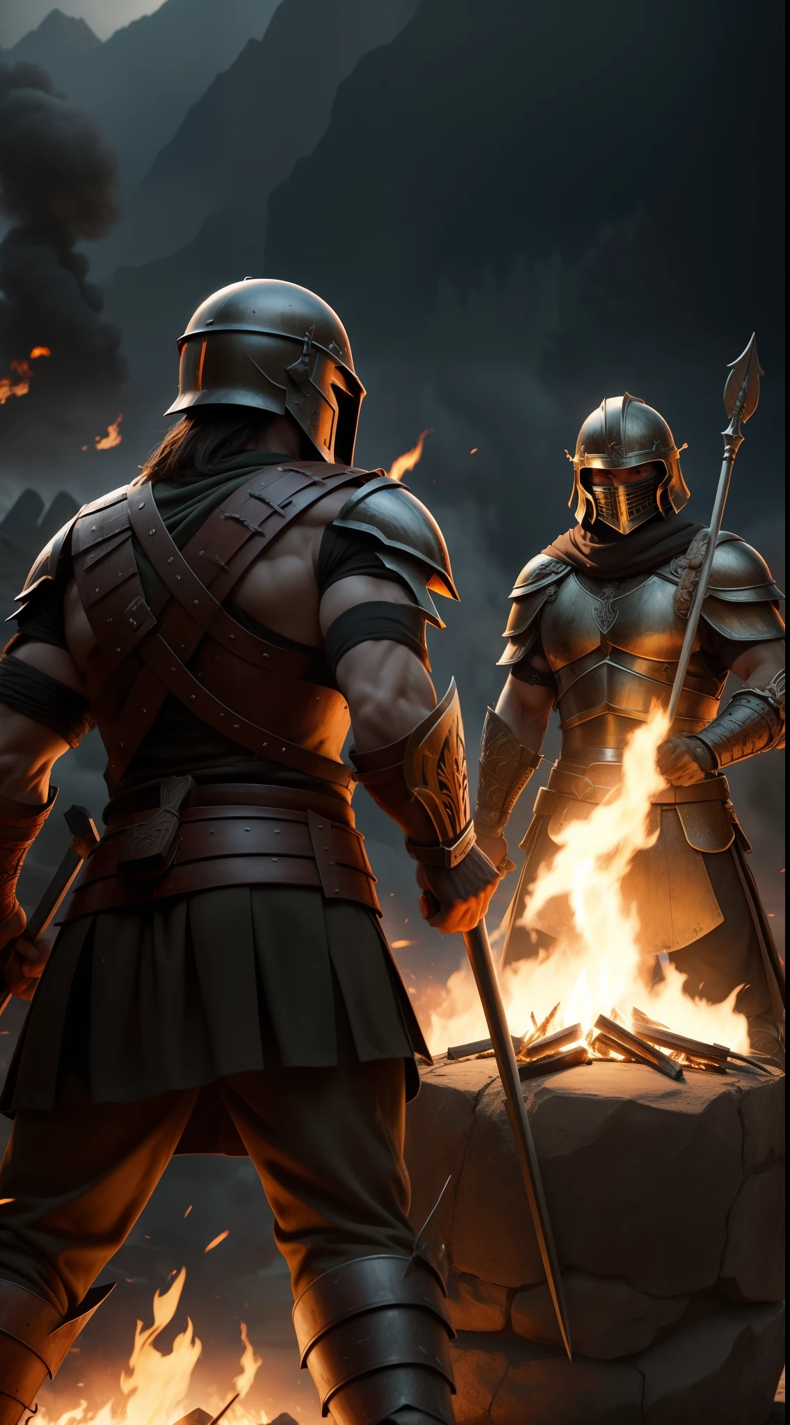bad ass spartan warriors with their helmet, holding spear, with fire in their backgroud, epic, realistic, 8k, masterpiece