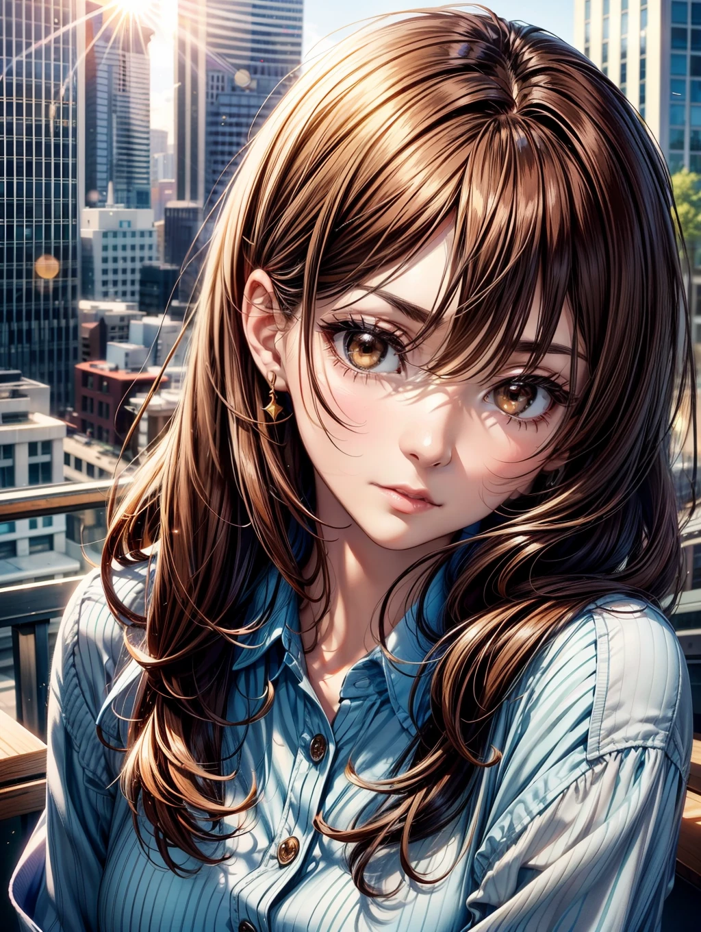 Best Quality, masutepiece, beautiful mature women、Beautiful face、Strong-minded woman、Wearing an office blouse、brown haired、Brown-eyed、Medium Hair、Small eyes、Full body like、Block sunlight with your hands、suns、look up sky、Downtown、A little dazzling、Bring out your forehead、