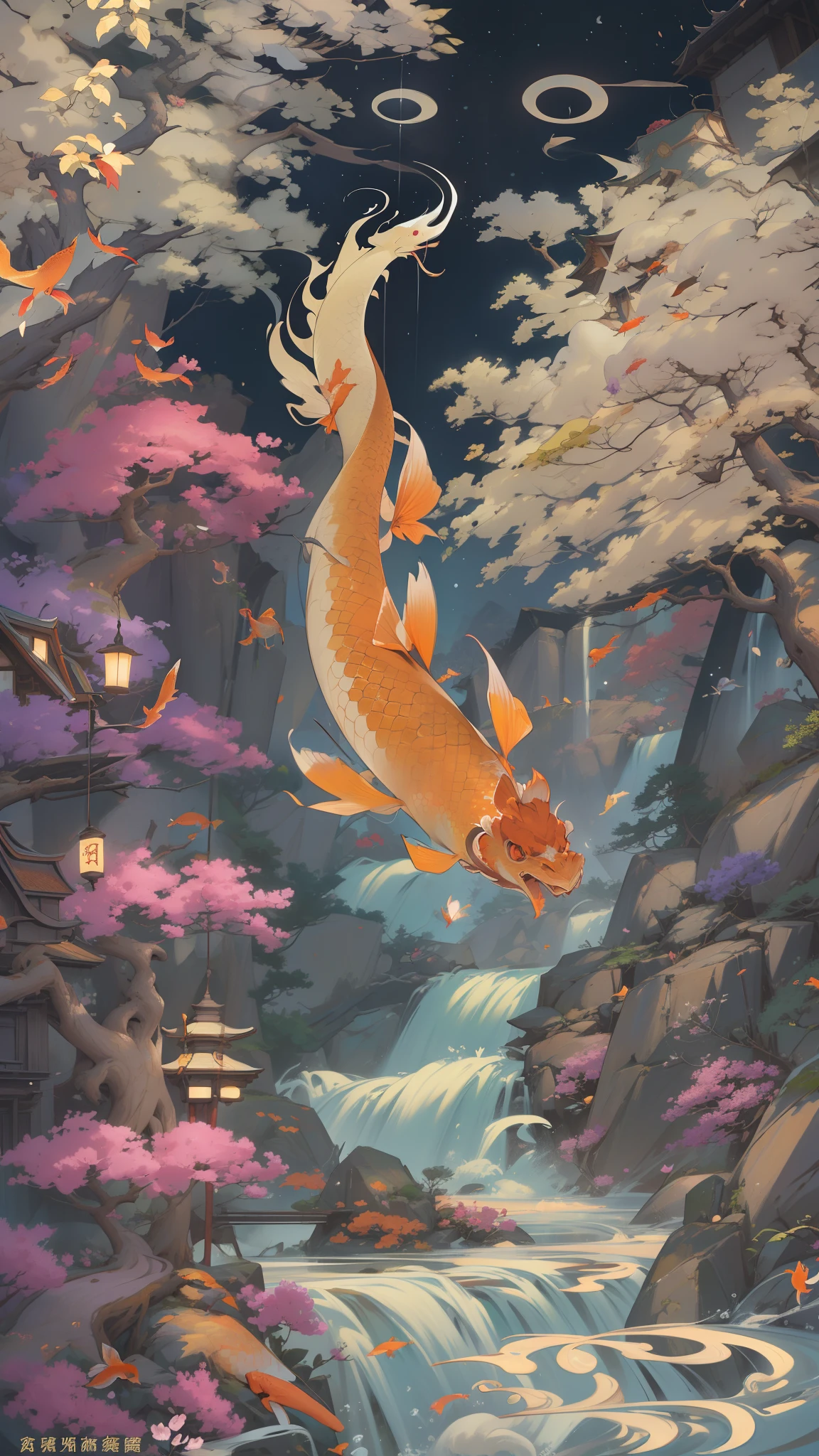dim moonlit night ,In Japanese legend, a carp climbs a waterfall and becomes a oriental dragon (an auspicious creature in Chinese mythology), 🐲. koi fish, carp (esp. the Japanese carp, Cyprinus carpio), The carp swims towards the upper reaches of the waterfall, the dragon ascends to the sky, High waterfalls, cascades, rocks, splashes, spray. electronic circuit pattern, (Best quality), (masterpiece:1.3), ultra-detailed, (realistic), (photorealistic), Modest exposure,