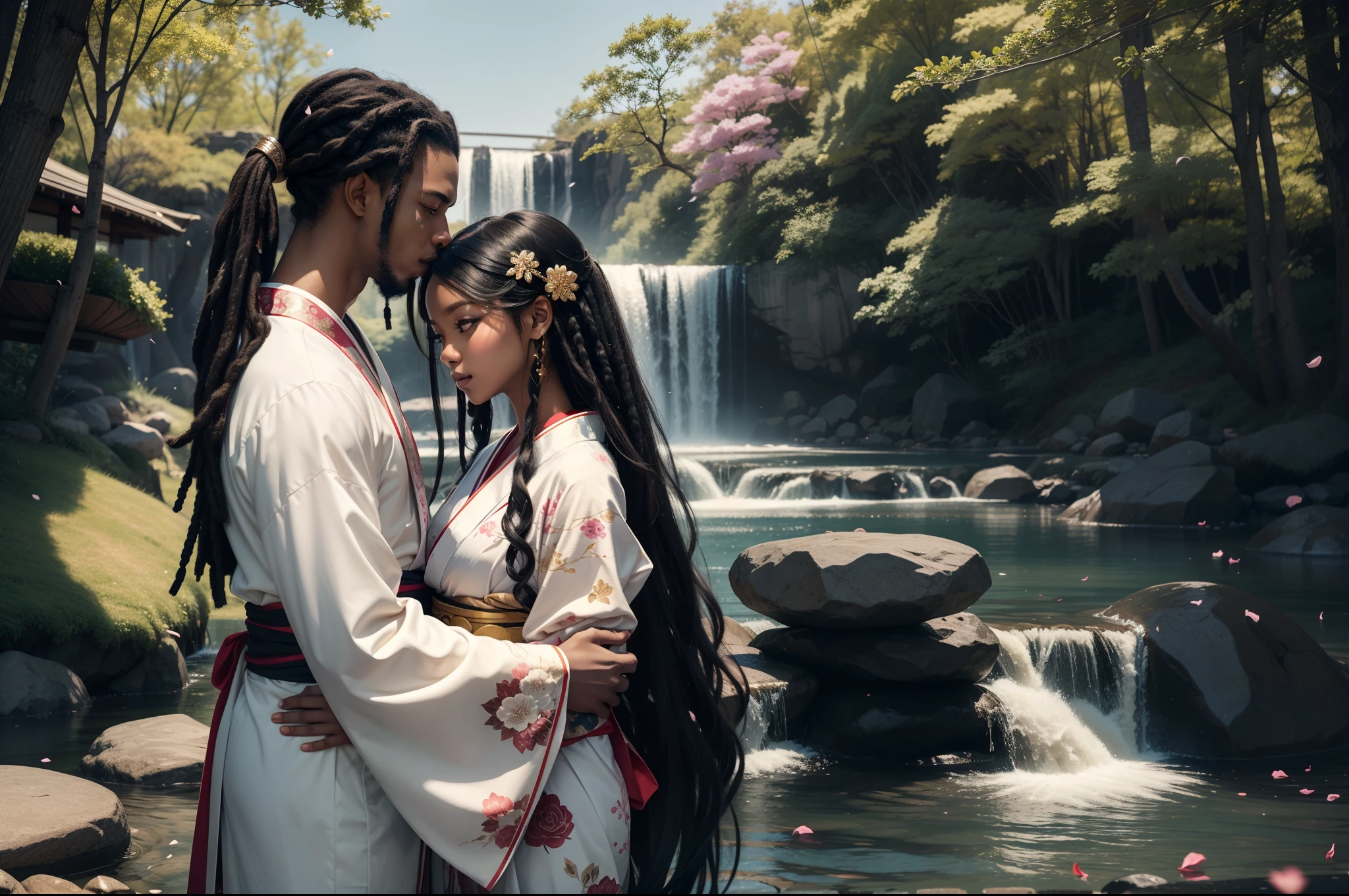 "Create a striking digital art piece that celebrates black culture and romance in an anime-inspired style. Portray a serene scene with a river, abundant trees, and falling rose petals. The main focus is a passionate couple - a man and a woman with beautifully light black skin. The man possesses a distinctive appearance with forward-facing white dreadlocks that have a Love Craft twist. He wears a Love Craft-influenced Japanese yukata, his hands tenderly placed on the woman's waist. The woman's hair, a gorgeous display of black hair adorned with golden beads, cascades gracefully. She wears a captivating traditional Japanese kimono, embellished with Love Craft elements. The artwork should captivate viewers with its perfect lighting, harmoniously blending black culture and anime aesthetics, while showcasing the couple's romantic connection."