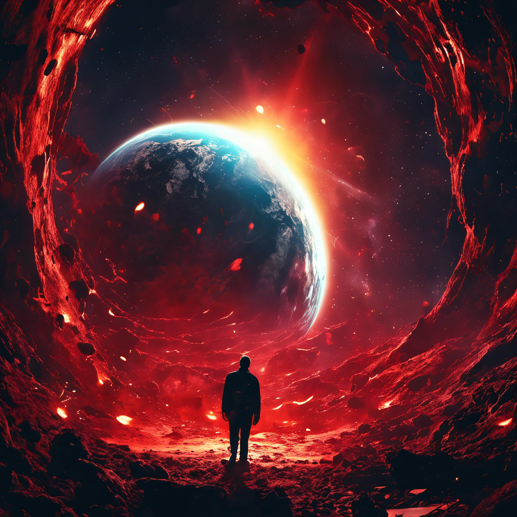 ((Best quality)), ((Masterpiece)), (dramatic scene), The Earth and the Sun collapse into black holes as the Sun, (Doomsday lighting:1.3), The sun darkens when implosed, (Epic composition:1.2), Earth bathed in red light, (CG animation:1.1), Flames and debris are inhaled, (Emergency atmosphere:1.2), People fleeing by boat, (movie atmosphere:1.3), Nebulae and galaxies in the background, (High contrast:1.1), (8K resolution:1.0),Five knots