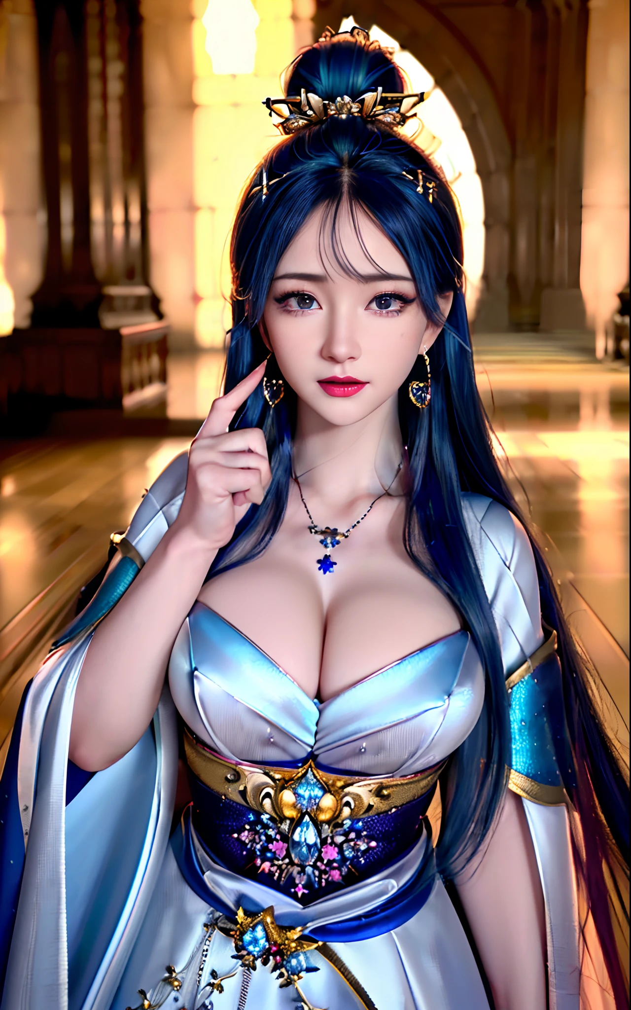 ((realisticity: 1.2)), ((realistic: 8K UHD)), ((best resolution: 8K UHD)), hyper detailed, best quality,masterpiece,highres,cg, ((1 girl hyper detailed and hyper realistic) ) , ((beautiful queen, hyper realistic and hyper detailed)),((white skin, beautiful, smooth, youthful, hyper realistic and hyper detailed )), ((Face hyper beautiful, white, hyper realistic and hyper detailed ) ), long hair, ((hyper realistic and hyper detailed dress)), solo, ((hyper realistic, hyper beautiful, beautiful and hyper detailed jewelry)), ((hyper beautiful deep red and golden yellow dress, hyper realistic and hyper detailed )) , ((Her pretty, hyper realistic, hyper detailed diamond filled earrings)), ((Her gorgeous diamond haircut, hyper realistic and hyper detailed)), ((hyper pretty upper body, hyper beautiful, hyper realistic and hyper detailed) ), ((medium breast: 1.1)), ((hyper realistic, hyper pretty, hyper detailed boobs)), ((the backgroun of the royal palace is hyper majestic, hyper realistic and hyper detailed)),((hands and palms hyper beautiful, hyper detailed, hyper realistic)), ((hyper detailed and hyper realistic fingers and fingernails)), ((hyper pretty fingernails, hyper vivid, hyper detailed, hyper realistic)), ((thumb, index finger, middle finger, ring finger, little finger hyper vivid, hyper pretty, hyper detailed, hyper realistic)),
((hyper beautiful fingers, hyper detailed, and hyper realistic)), ((posture not too fat and not too thin, hyper realistic, hyper detail)), ((hyper pretty, hyper pretty, hyper realistic and hyper detailed hair bun)), ((hyper pretty , hyper realistic and hyper detailed blue hair)), candid, Photo, high resolution, 8k , bokeh,